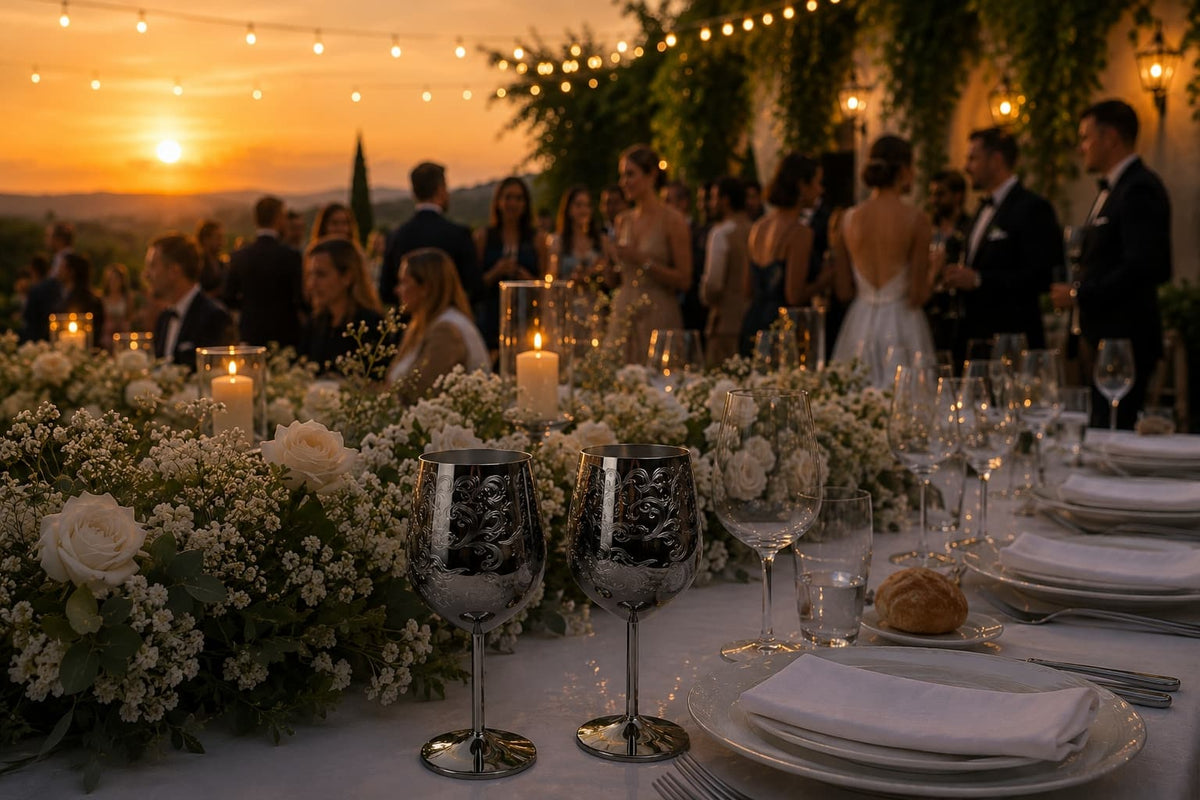 Pair of black engraved stainless steel wine glasses displayed at an outdoor sunset wedding reception