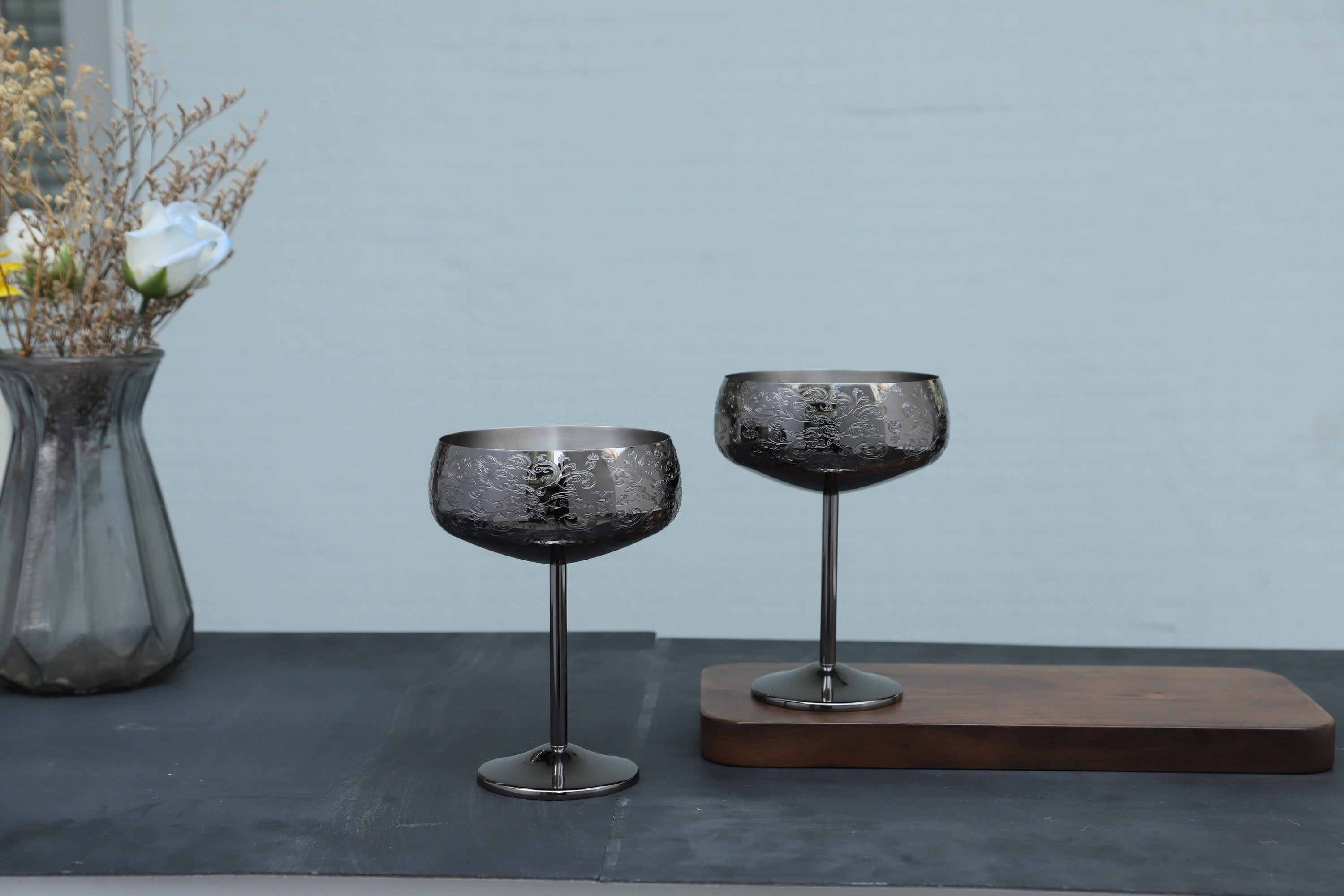 Reinventing the Drinking Experience by Skycrops Baroque Etched Stainless Steel Cocktail Glass