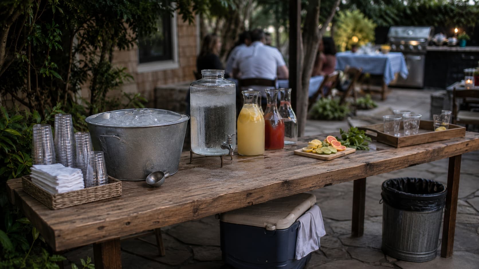 Rustic outdoor self serve drink station with stacked cups, serving ice, chilled beverages, citrus garnishes, a return tray, and a backup cooler beneath a wooden table.