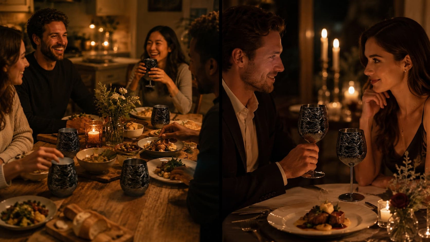 Stemless stainless steel wine glasses at a casual group dinner beside stemmed wine glasses at an intimate dinner for two.