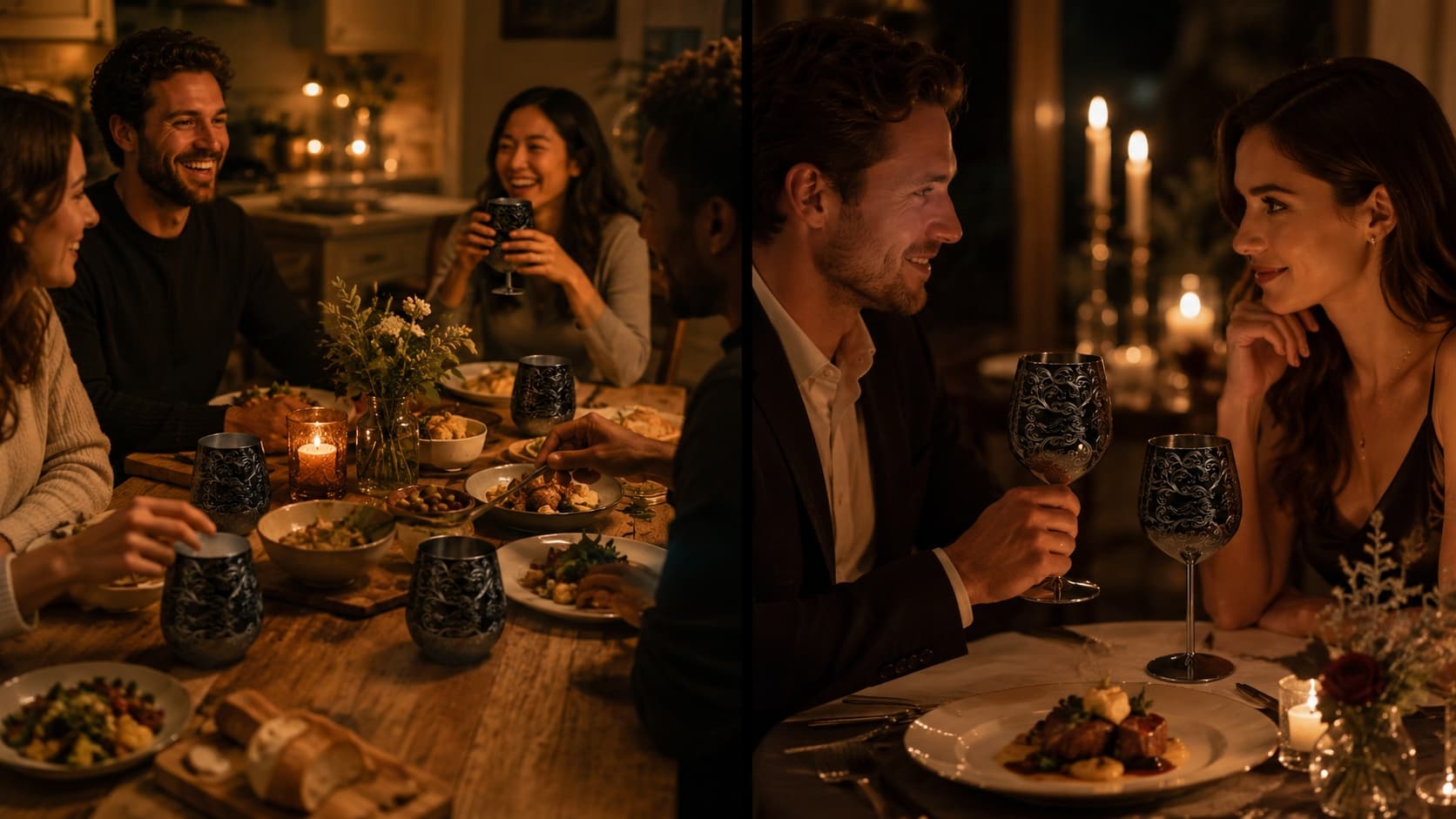 Stemless stainless steel wine glasses at a casual group dinner beside stemmed wine glasses at an intimate dinner for two.