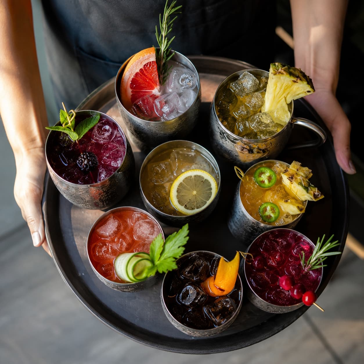 Overhead view of colorful non-alcoholic cocktails served in engraved stainless steel cups on a tray