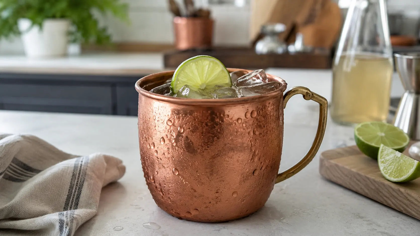 Copper Moscow Mule mug filled with ice and lime garnish on a home bar countertop