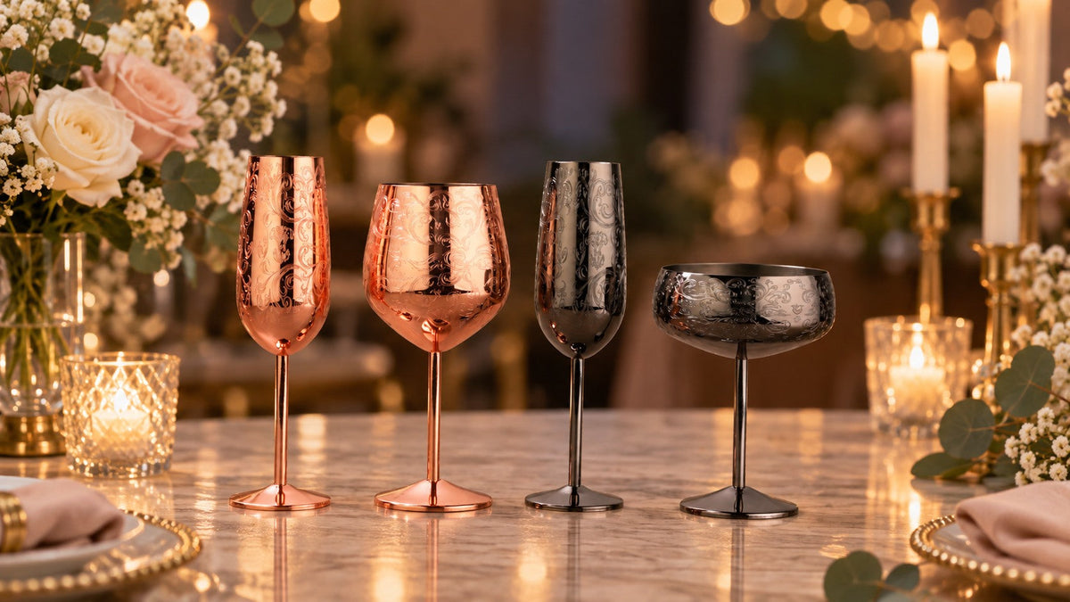 Etched stainless steel champagne glasses in flute, tulip, and coupe shapes with rose gold and black finishes.