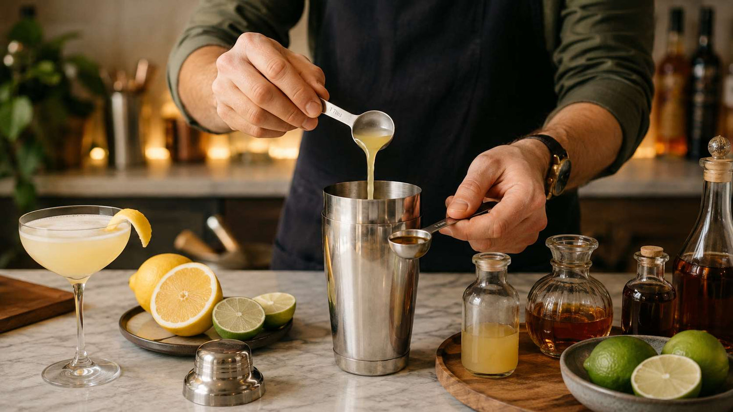 Measuring cocktail ingredients with kitchen spoons instead of a jigger