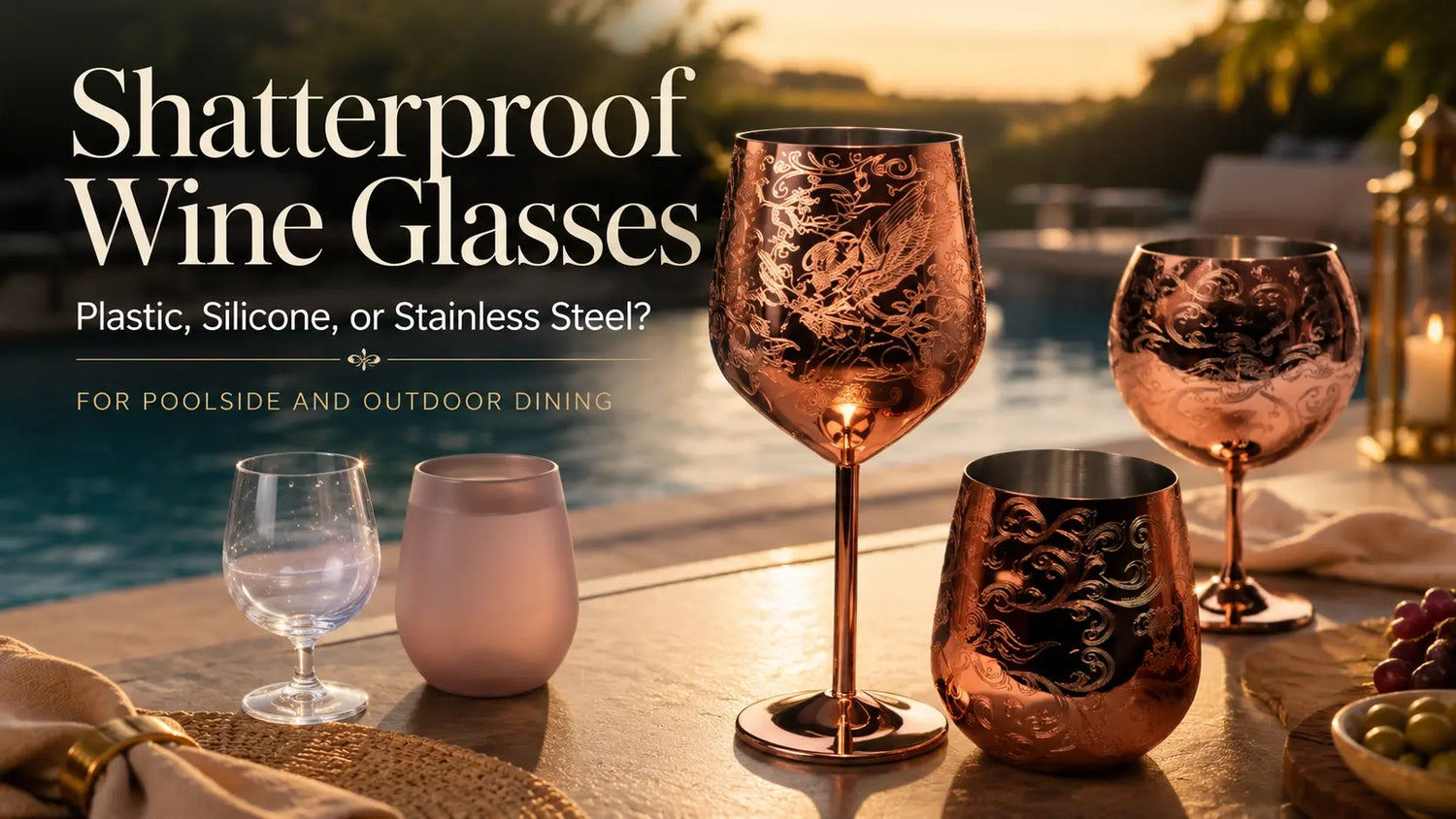 Shatterproof wine glasses for poolside and outdoor dining, comparing plastic, silicone, and engraved stainless steel options.