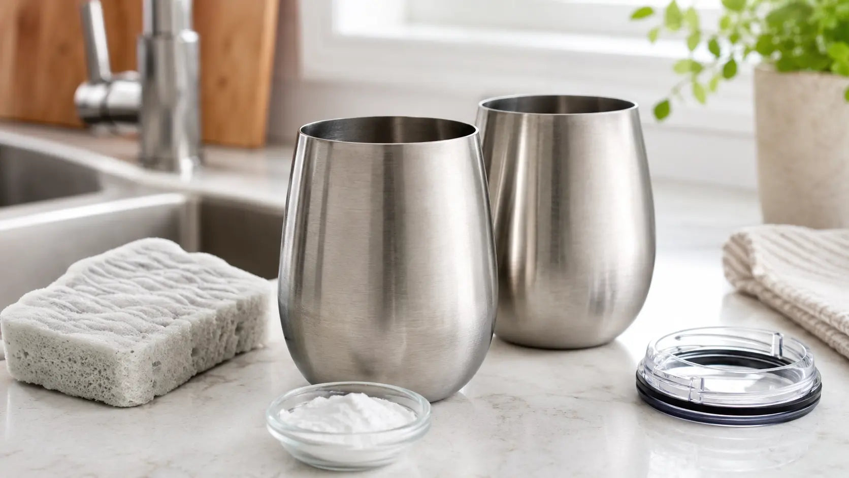 Stainless steel wine tumblers with sponge, baking soda and lid for cleaning and care guide