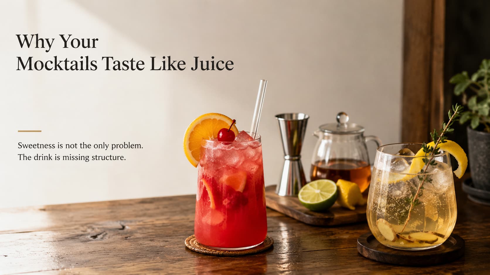 Why mocktails taste like juice poster featuring two non-alcoholic cocktails, citrus garnishes and a stainless steel jigger