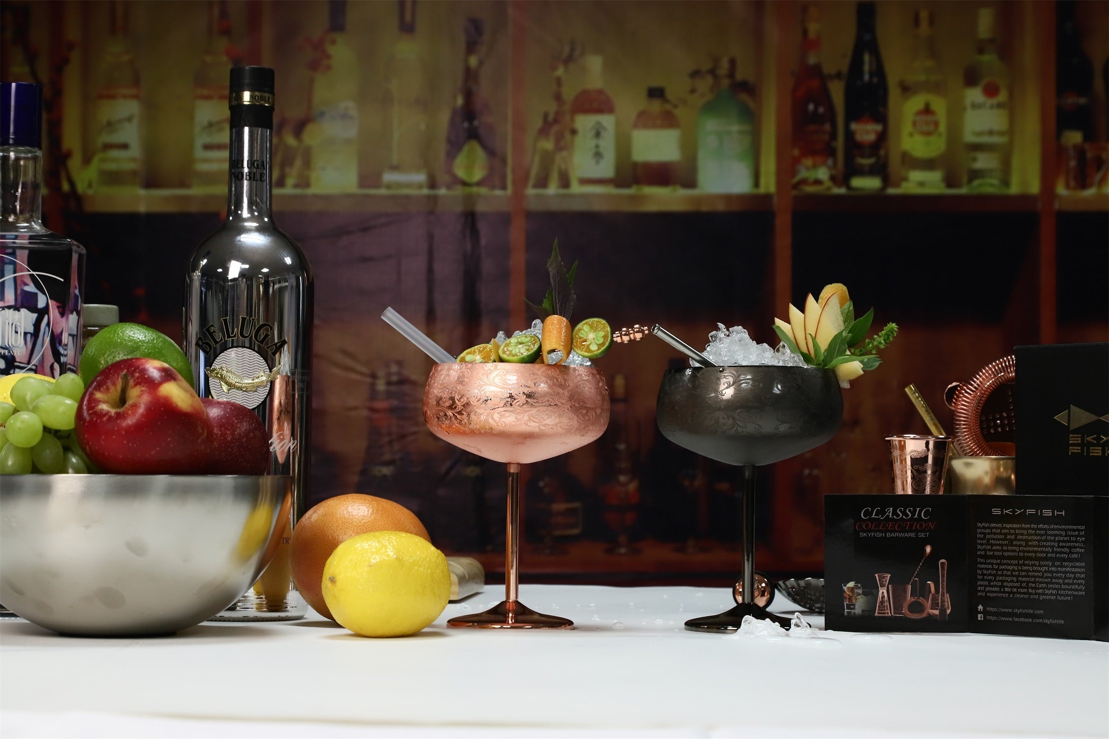 Stainless steel drinkware including wine glasses, tumblers and cocktail cups