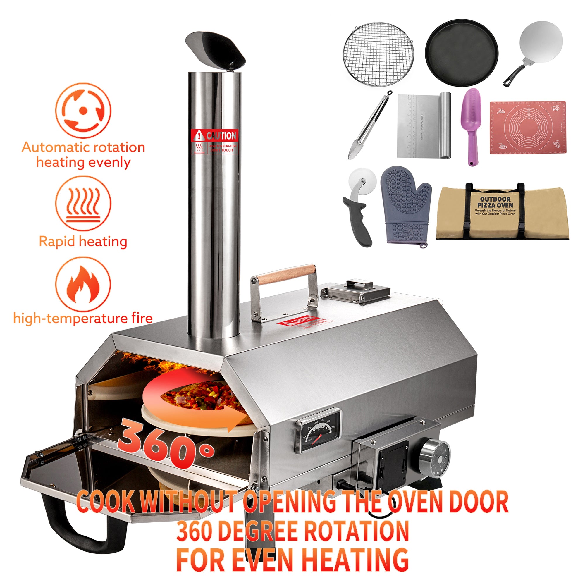 Trapezoidal 360 Degree Automatic Rotating Silver Outdoor Pizza Oven