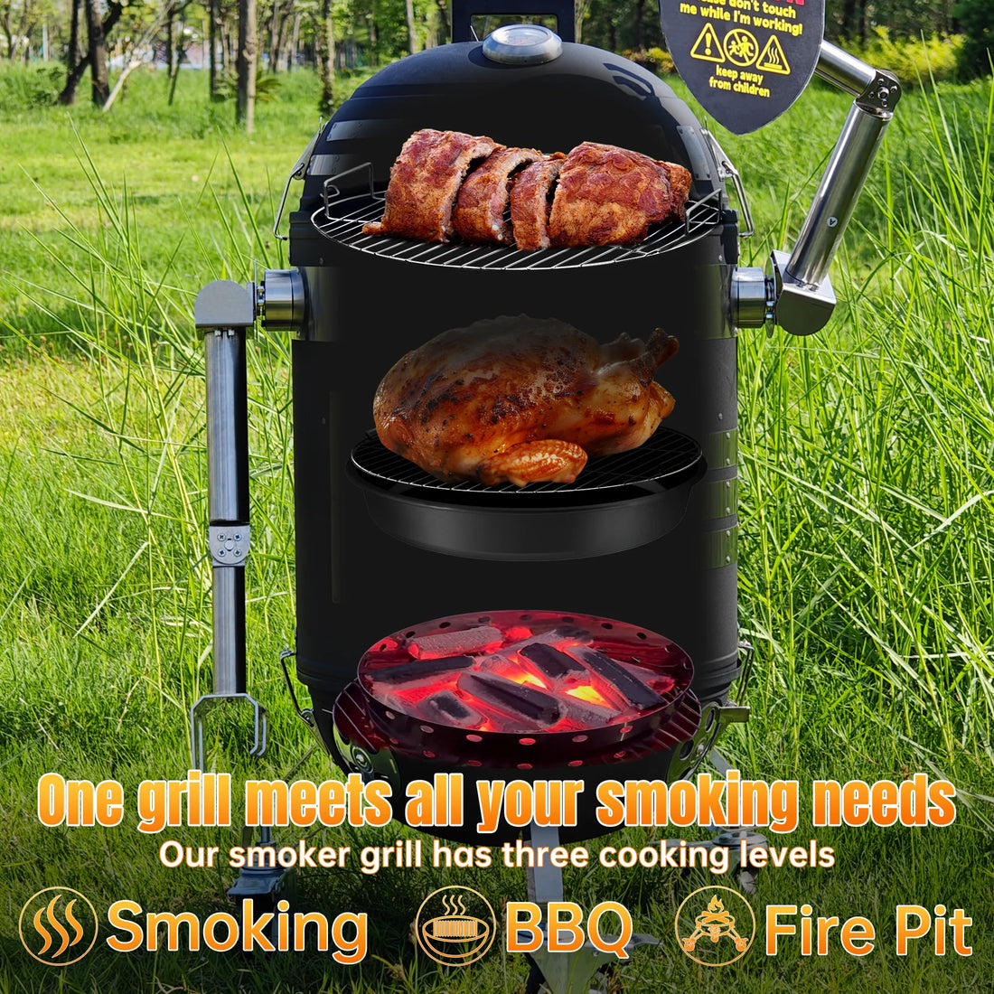 Skycorps 17 Inch Charcoal Barbecue Grill Portable 3 In 1 Meat Smoker Round Outdoor Home Party  Smoker Grill