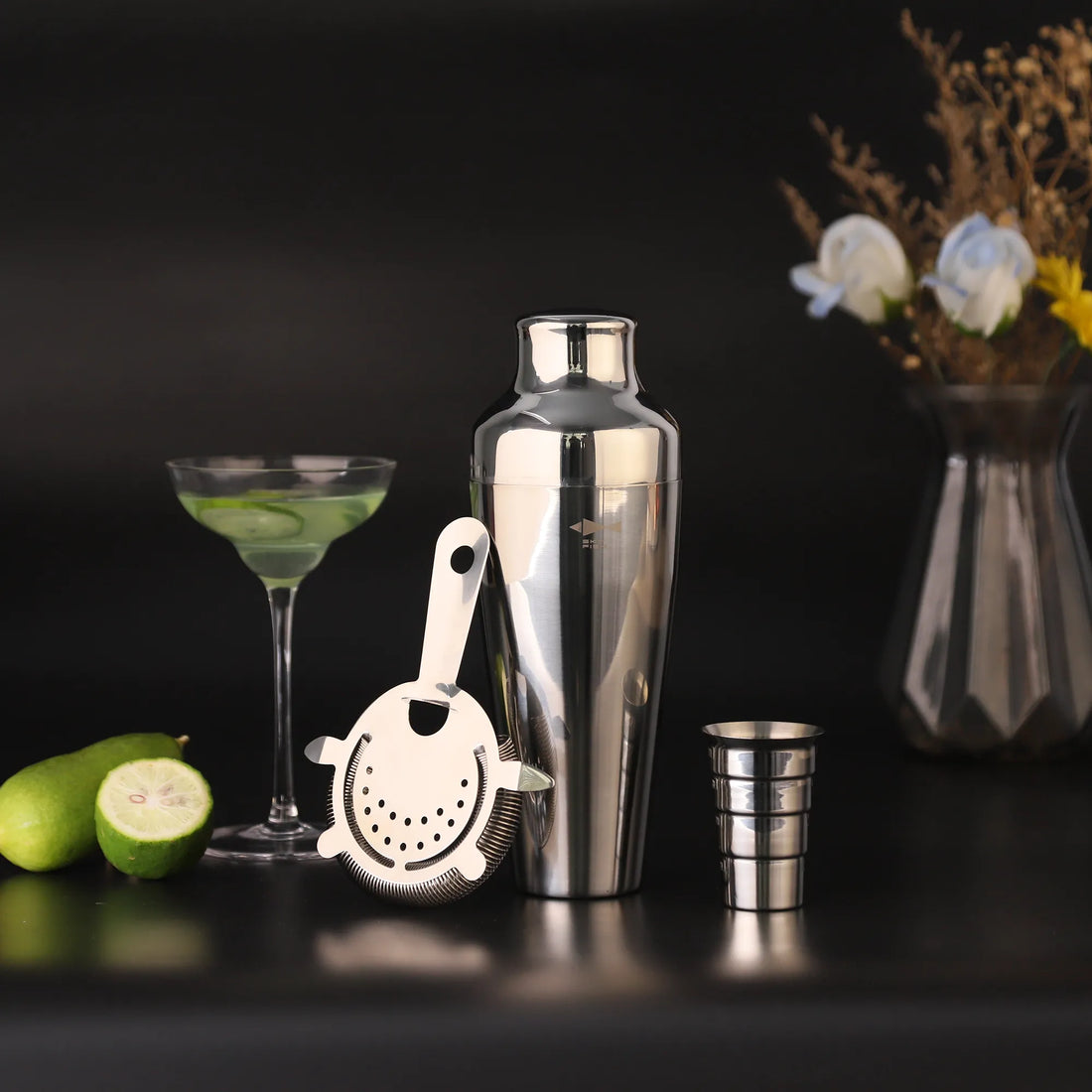 Skycorps French Cocktail Shaker Set with Hawthorne Strainer &amp; Stepped Jigger, 304 Stainless Steel