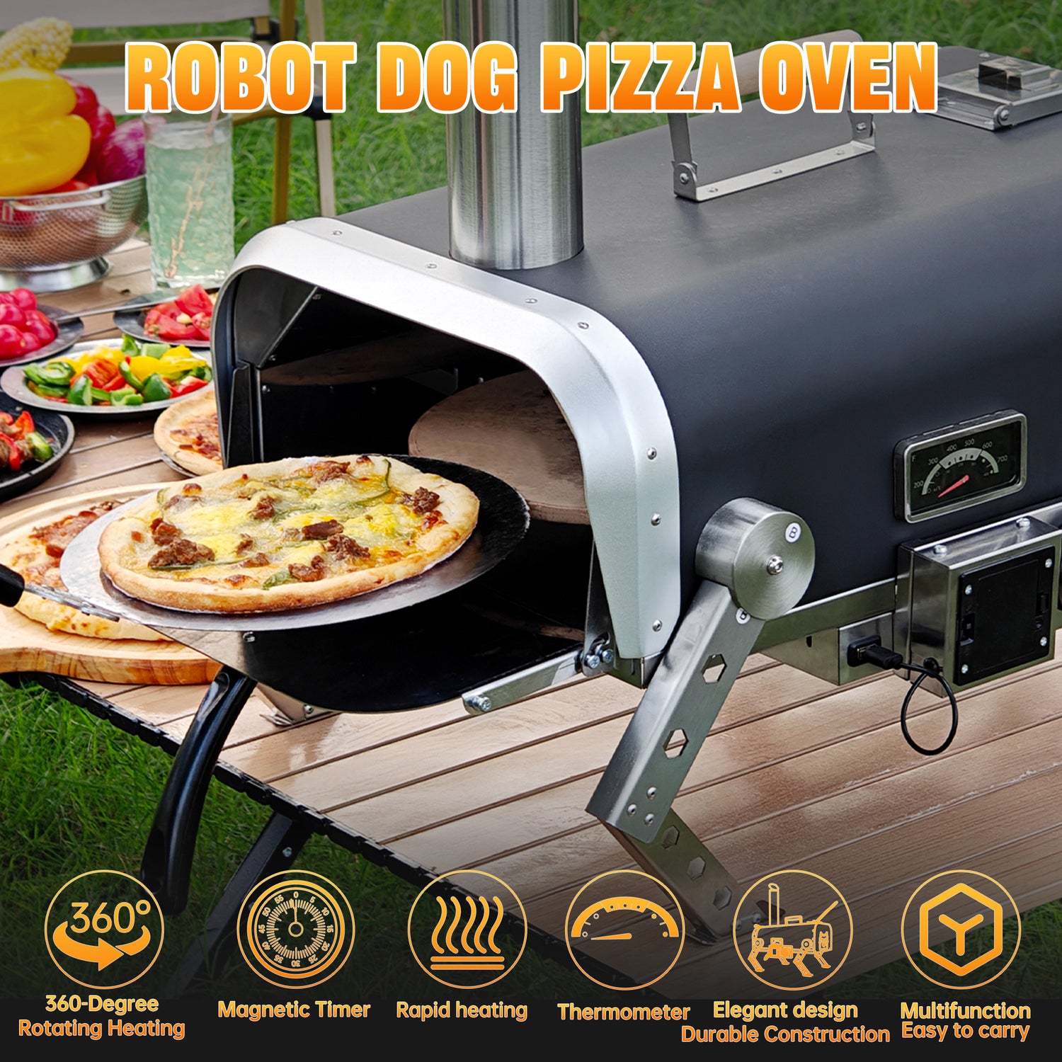 Skycorps Outdoor Wood Fired Pizza Oven Stainless Steel Automatic Rotating Pizza Oven For Backyard Camping