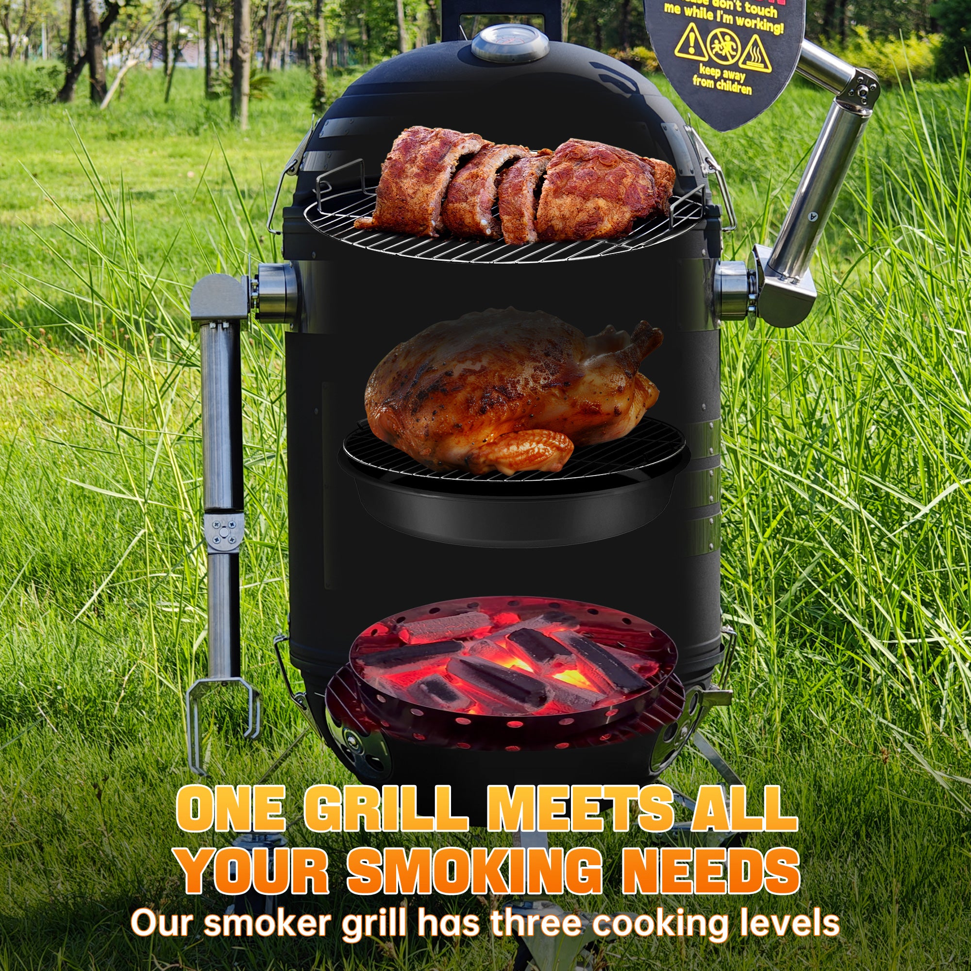 Skycorps 3 In 1 Charcoal Smoker Grill Heavy Duty Round Outdoor BBQ Grill Spacebot Smoker Grill