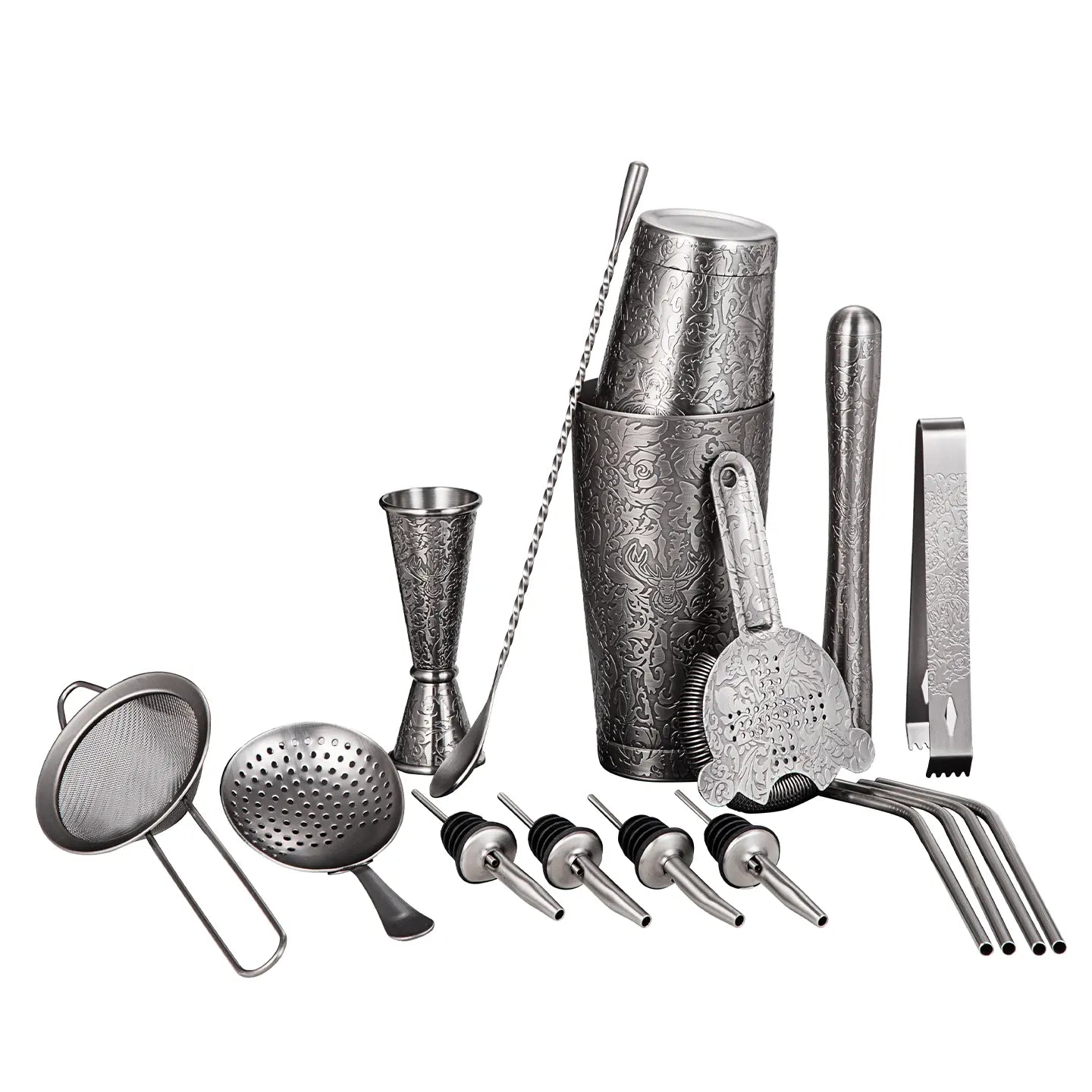 Set of silver cocktail shaker and tools on a white background