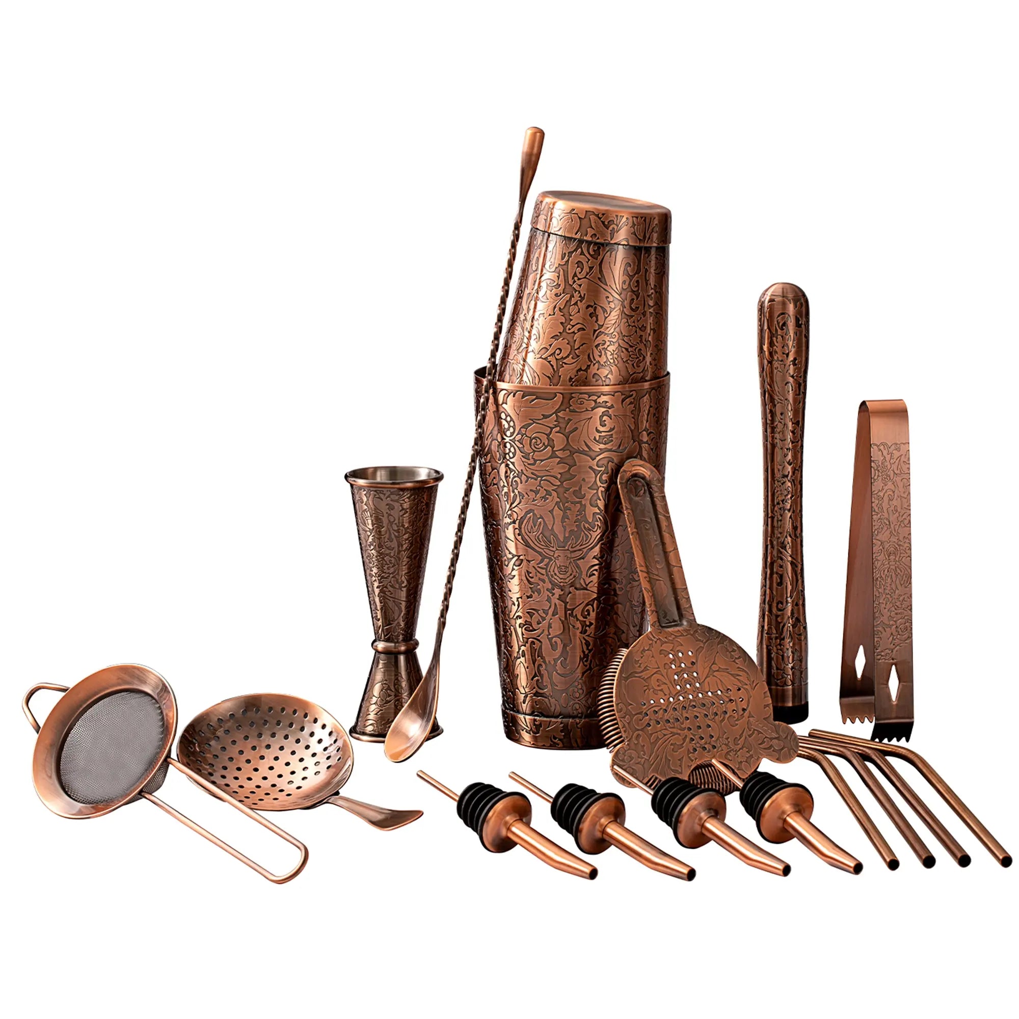 Set of copper bar tools including a shaker, jigger, strainer, and other utensils on a white background.