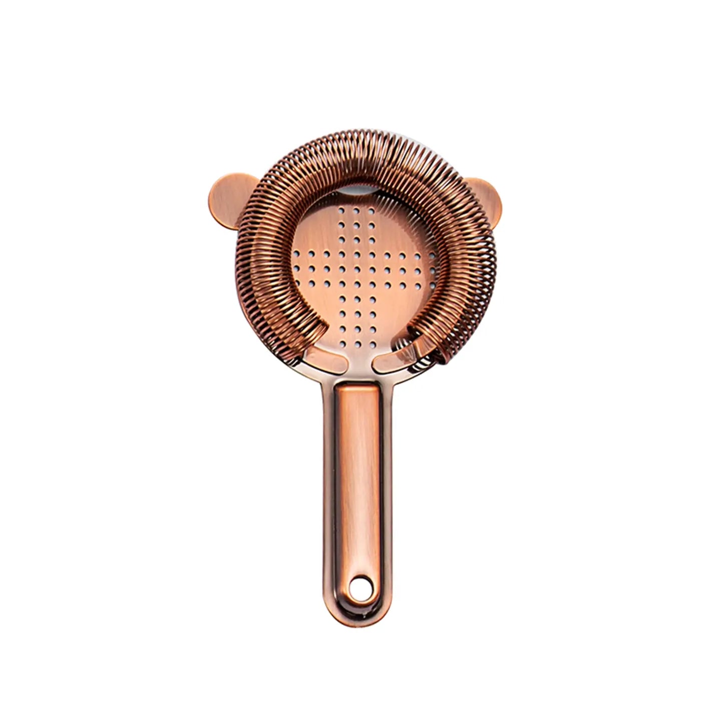 Copper cocktail strainer on a white background
