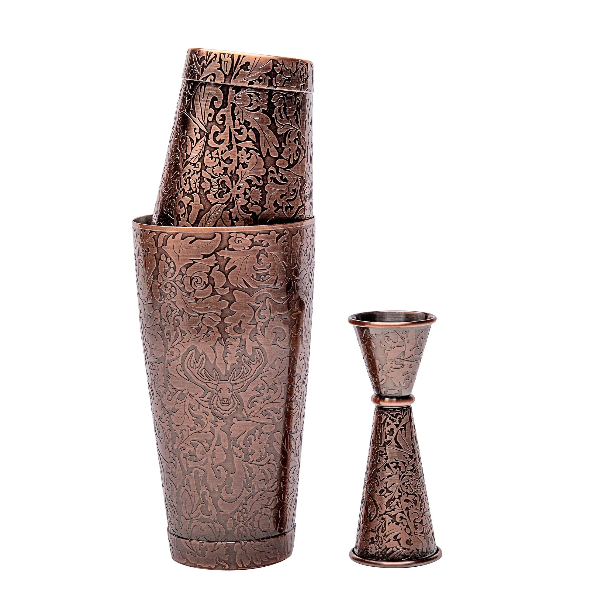 Set of three bronze patterned cocktail shakers on a white background