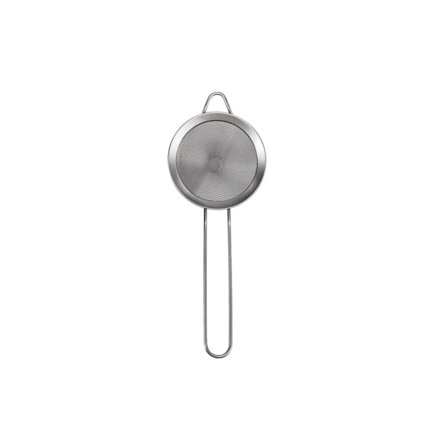 Metal strainer with a handle on a white background