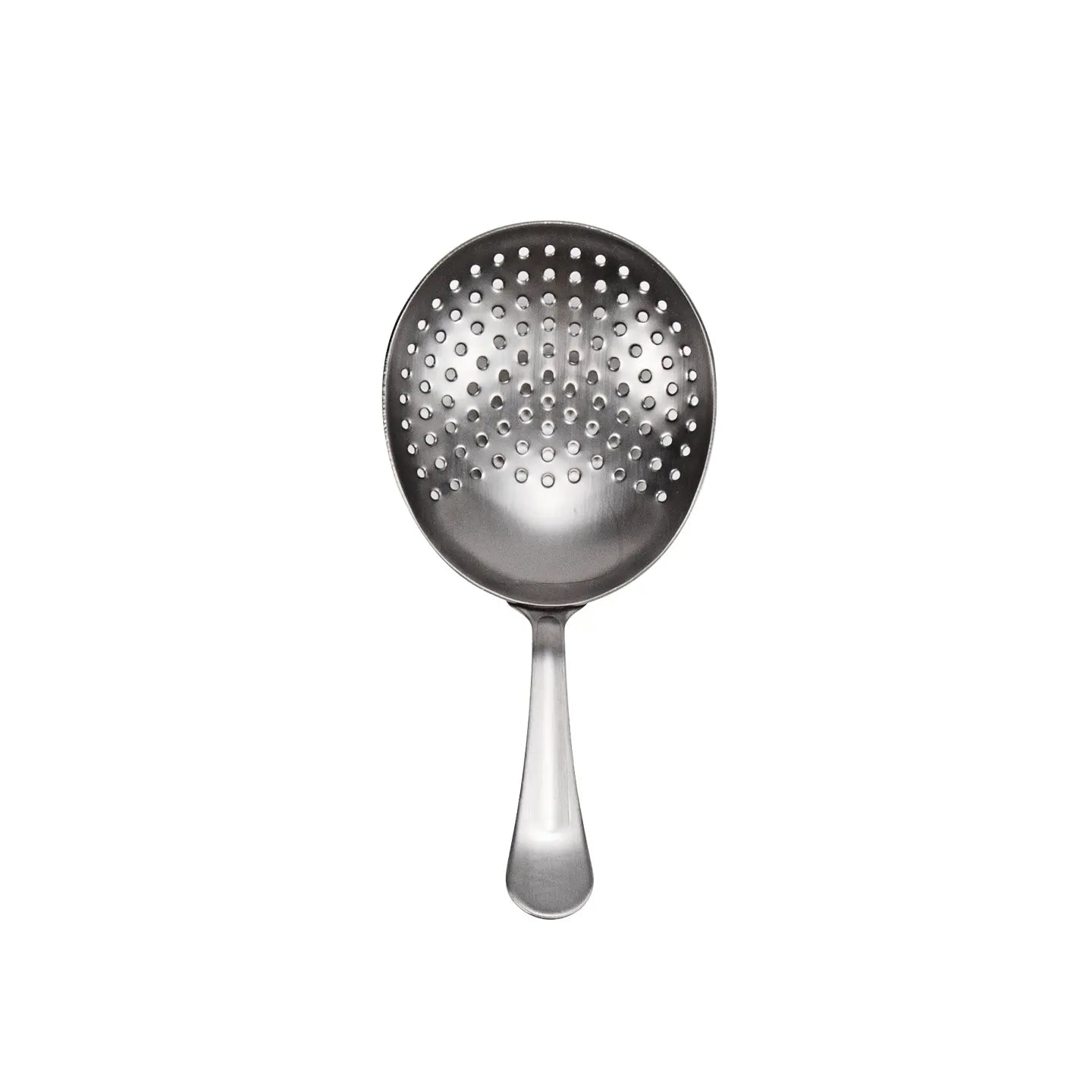 Metallic skimmer spoon with perforated design on a white background