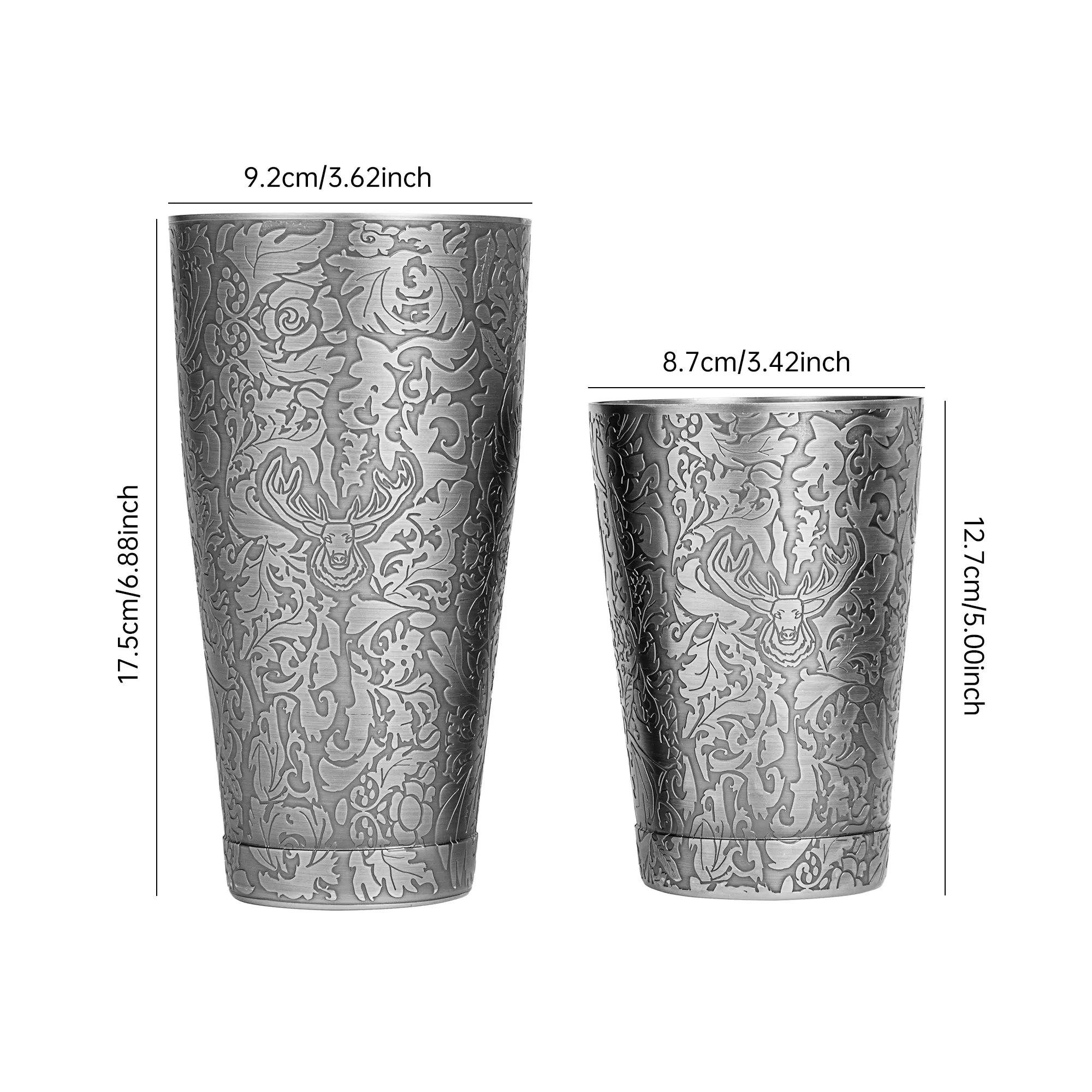 Two metallic cups with embossed designs and measurements on a white background