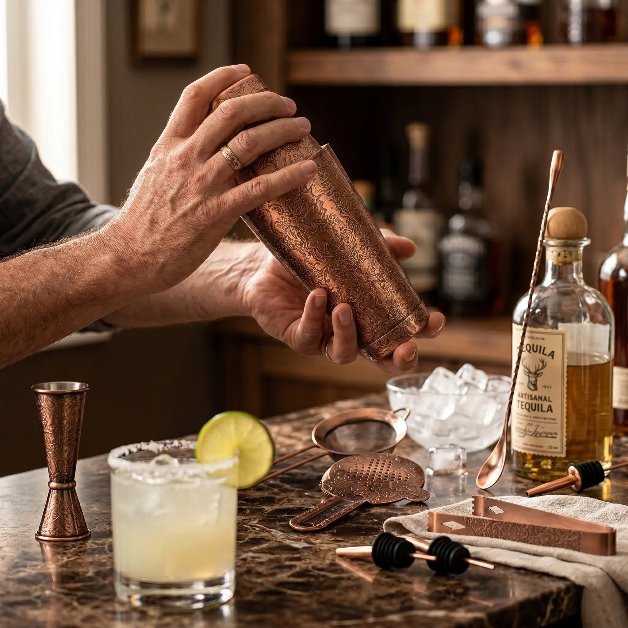 Person shaking a copper cocktail shaker with bar tools and ingredients on a wooden surface.