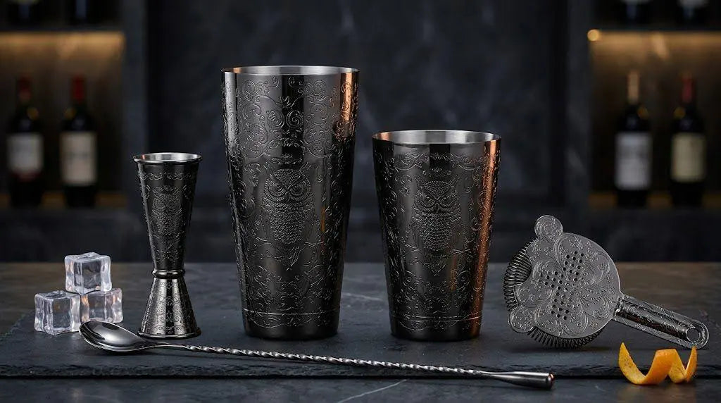 Engraved black owl pattern cocktail shaker set with Boston tin, jigger, bar spoon, and strainer.