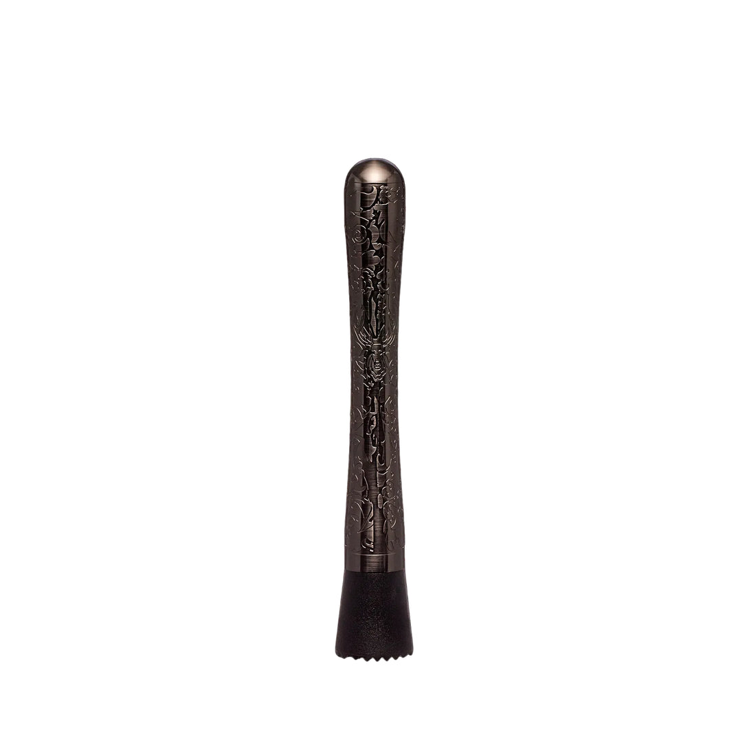 This product photograph presents a high-end, professional-grade bar muddler, a precise and sophisticated barware tool. The entire length of the muddler is meticulously sculpted and textured, reflecting a fusion of classical artistry and heavy-duty functionality.

The handle section, crafted from heavy-patina blackened stainless steel, is completely covered in incredibly intricate, deeply etched Baroque scrollwork patterns, leaves, and floral motifs. This elaborate, master-crafted design extends from the smo