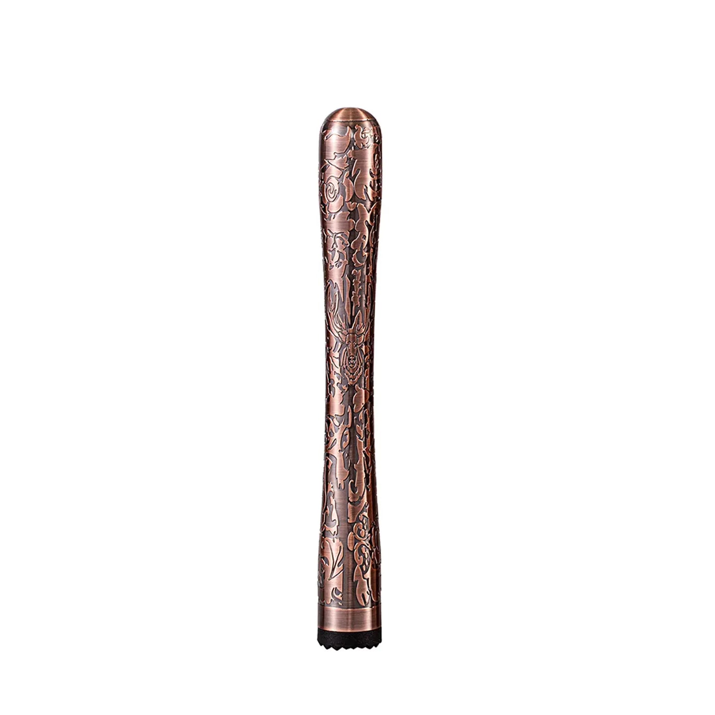 A professional antique copper plated stainless steel cocktail muddler featuring a 3D raised reverse-etched baroque handle and black nylon head.
