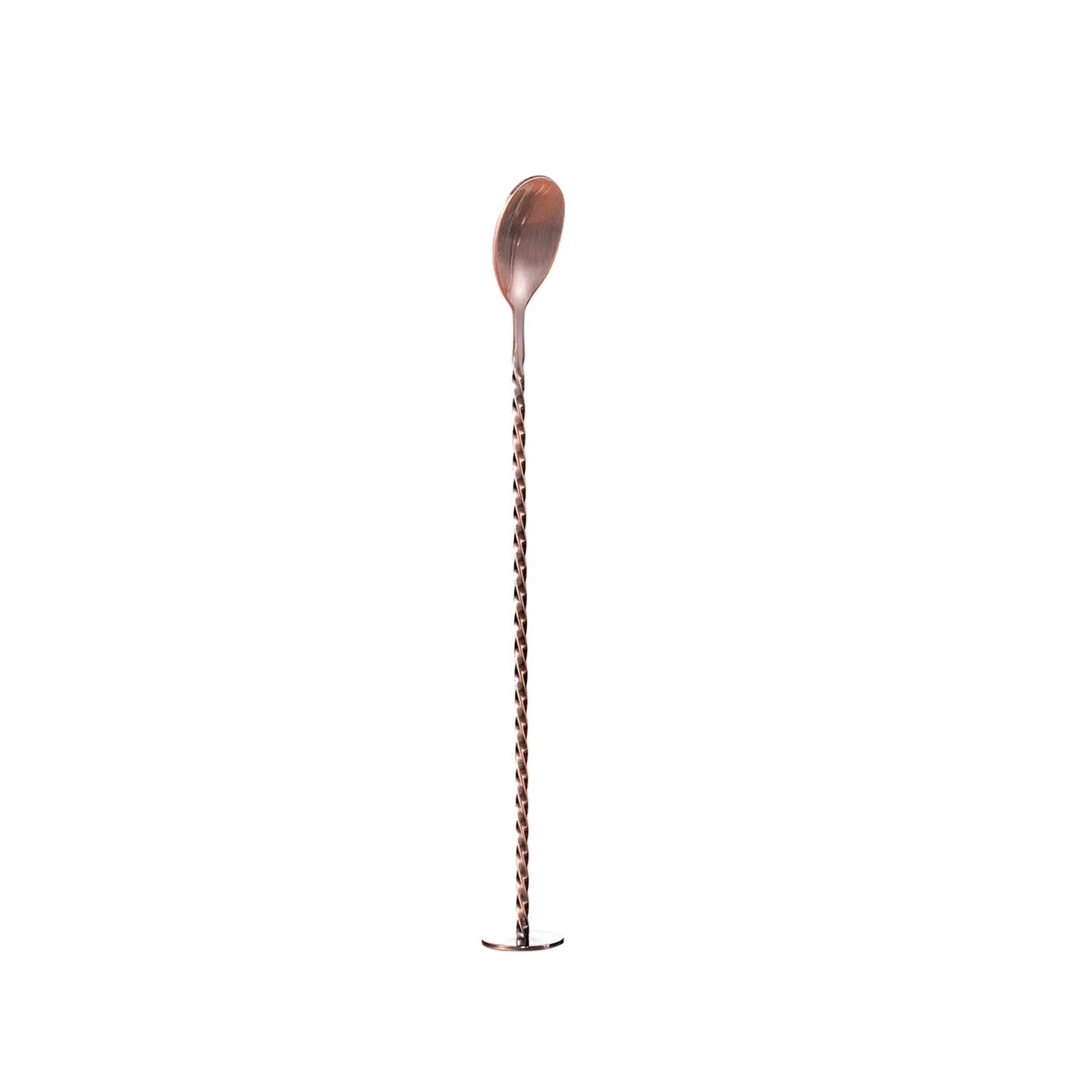 An antique copper plated twisted bar spoon with a disc muddler end and deep baroque etching on a pure white background.