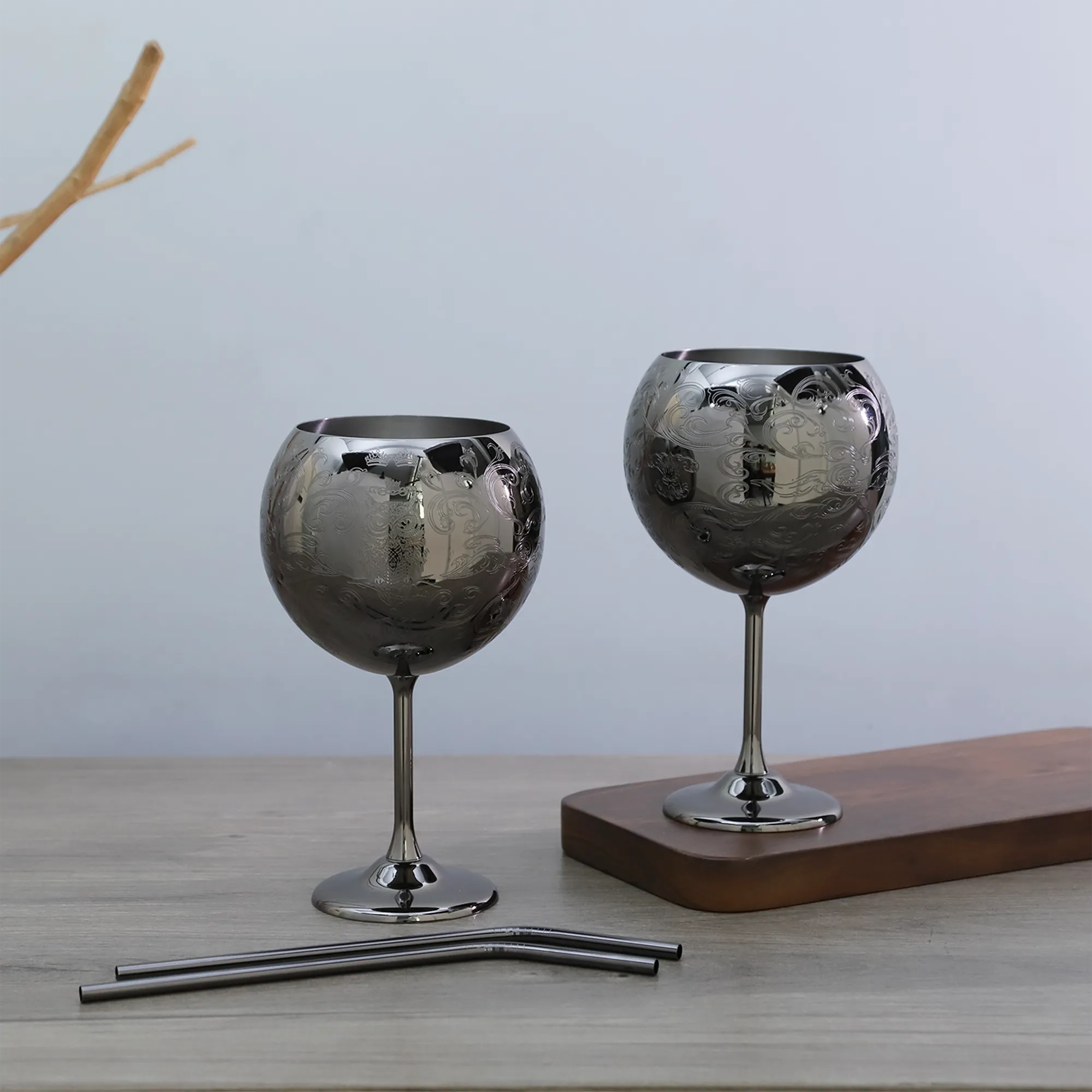 Skycrops Stainless Steel 3D Etched Baroque Spherical Cup