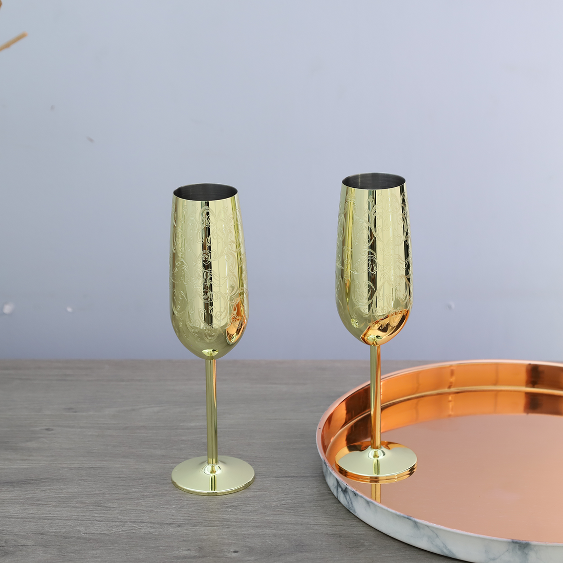 Skycrops Baroque Etching Stainless Steel Champagne Flutes Glass