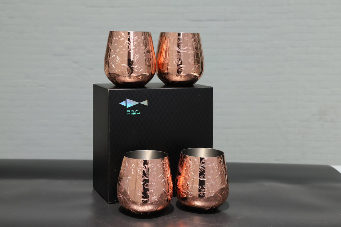 Tazas de café de acero inoxidable con forma de taza de cobre grabada Skycorps