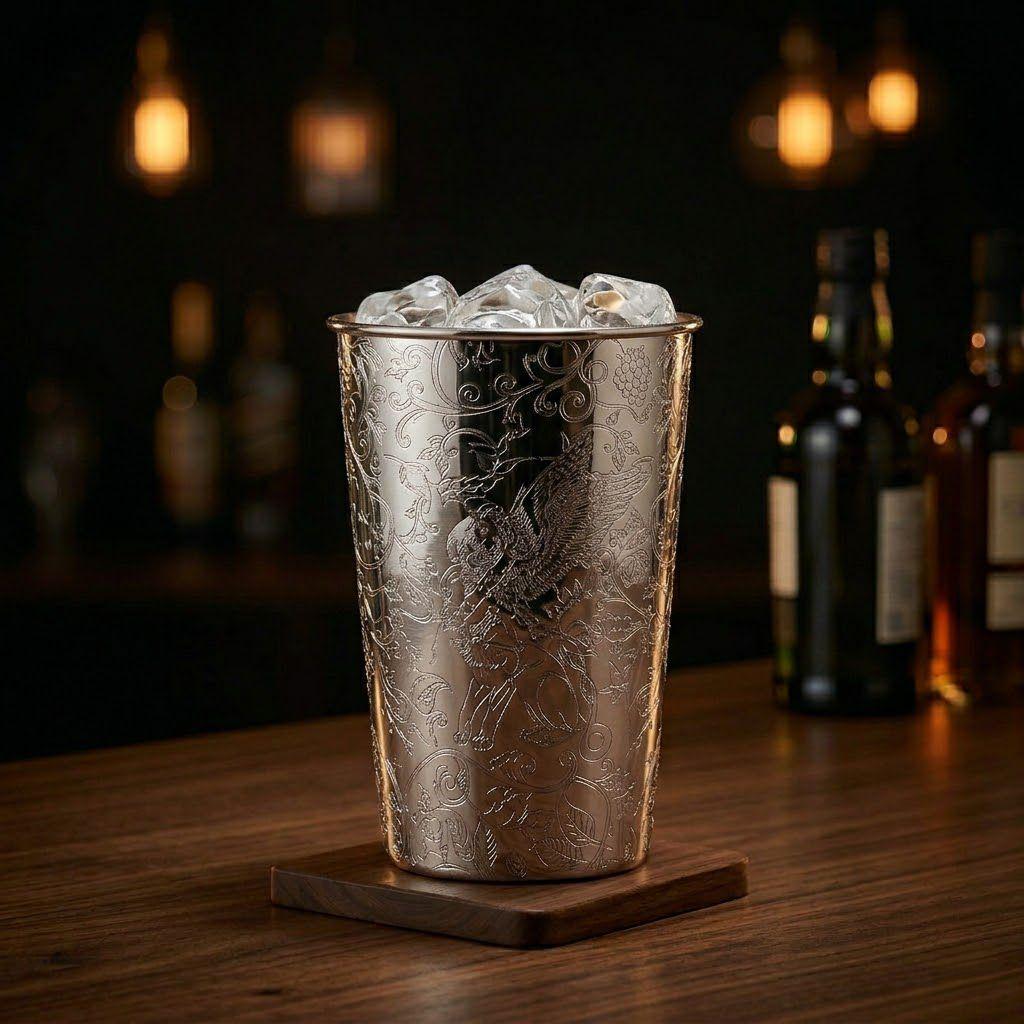 A highly detailed, relief-engraved metal drinking tumbler, filled with clear ice cubes and resting on a dark wood coaster at a bar counter. The cup features natural motifs of winding grapevines, leaves, clusters of grapes, and a prominent griffin mythical creature, used as a unique stainless steel wine glass.