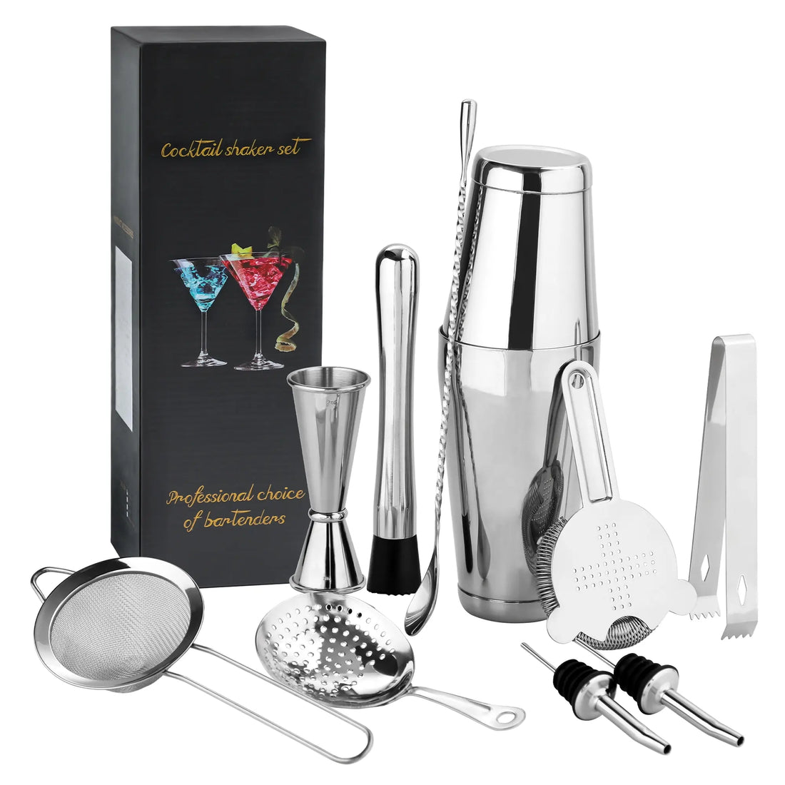 SKYCORPS 10-piece silver stainless steel cocktail shaker set arranged neatly with a luxury black premium gift box.