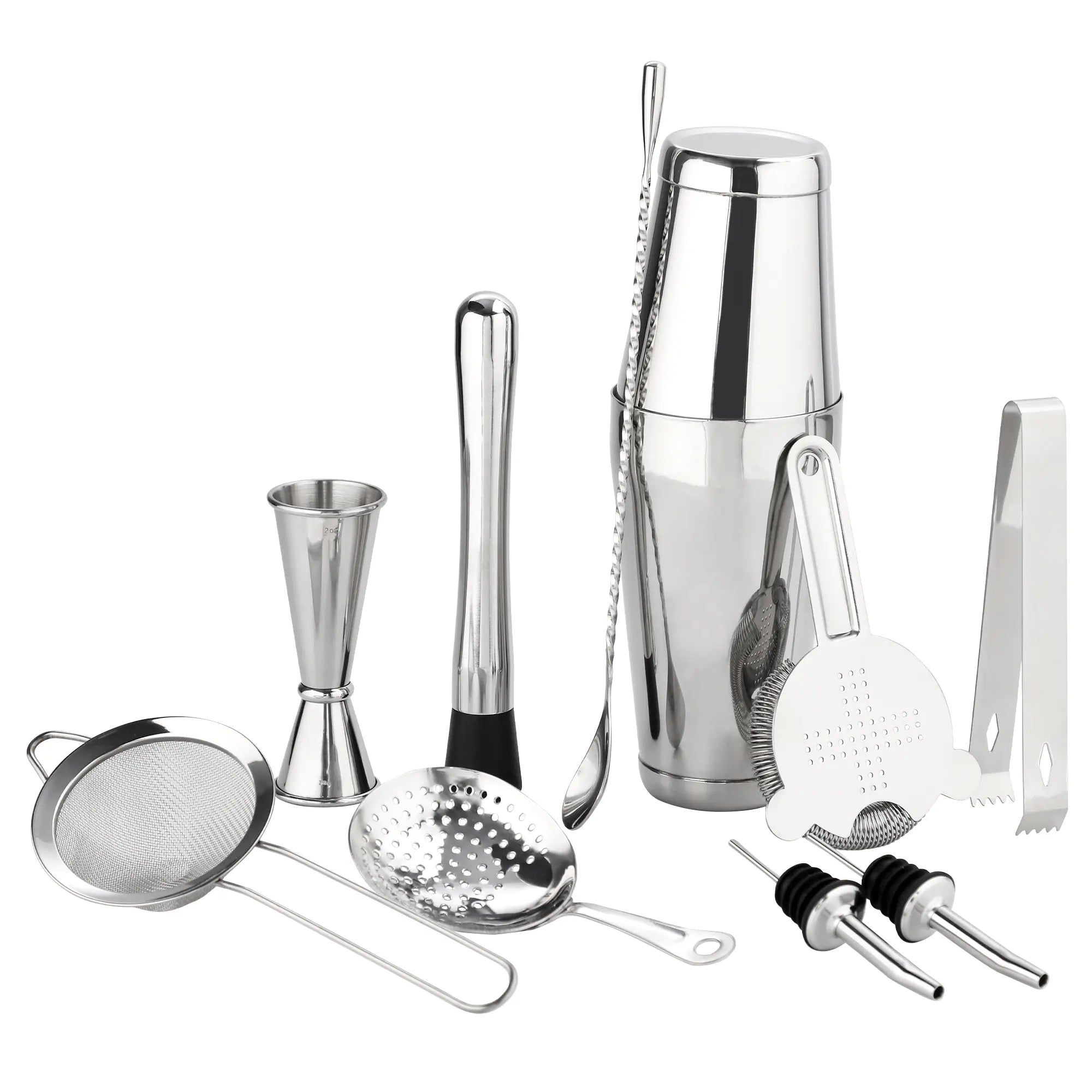 SKYCORPS 10-piece professional stainless steel bartender kit showing a Boston shaker set, double jigger, mixing spoon, strainers, and pourers.