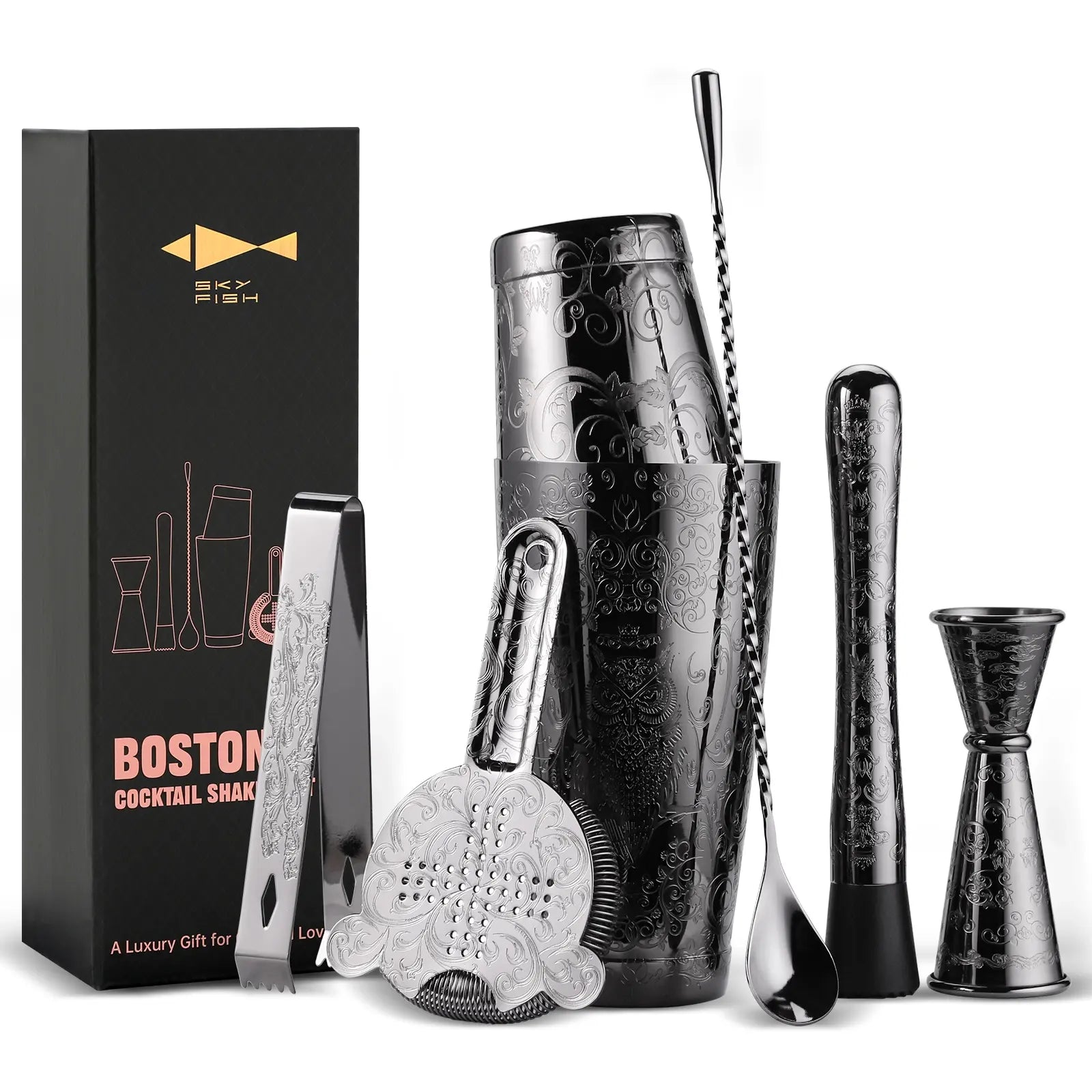 Set of cocktail shakers and tools with a branded box on a white background
