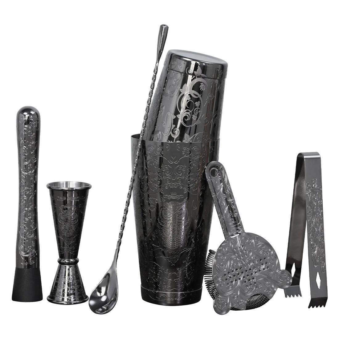 Set of black and silver bar tools on a white background