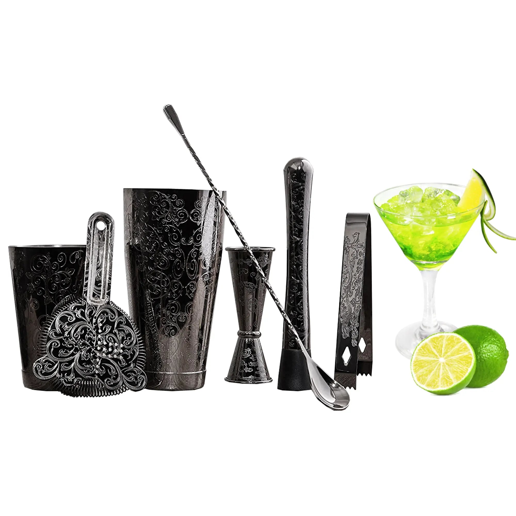 Set of black bar tools including a shaker, jigger, and strainer with a cocktail and lime garnish on a white background.