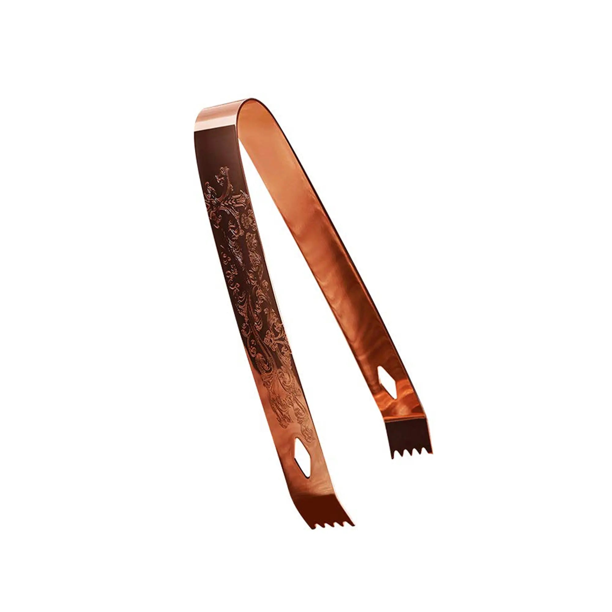 Copper tongs with engraved design on a white background