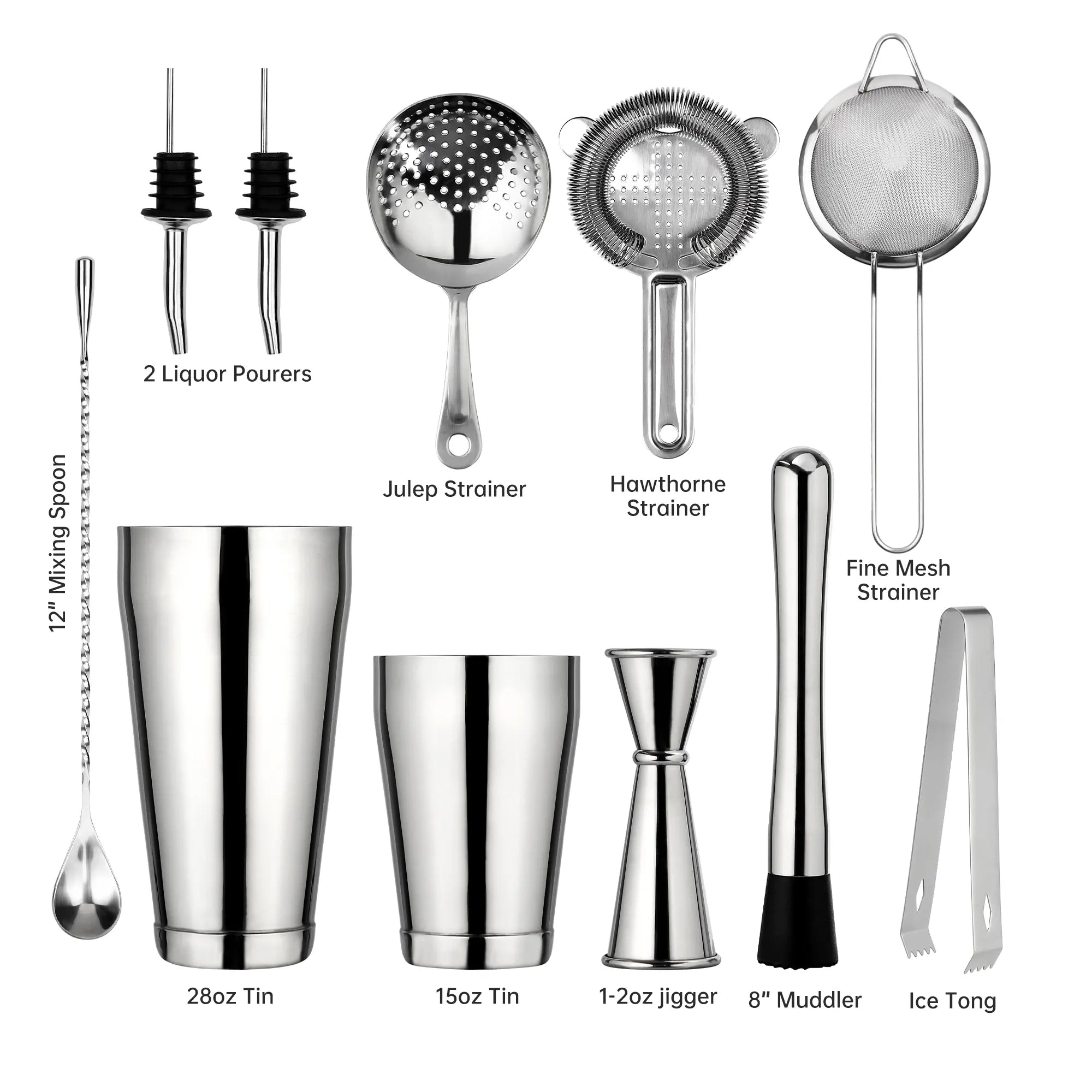 An annotated layout of the 10-piece stainless steel Boston shaker set showcasing 28oz and 15oz tins, a jigger, strainers, and tools with size labels.