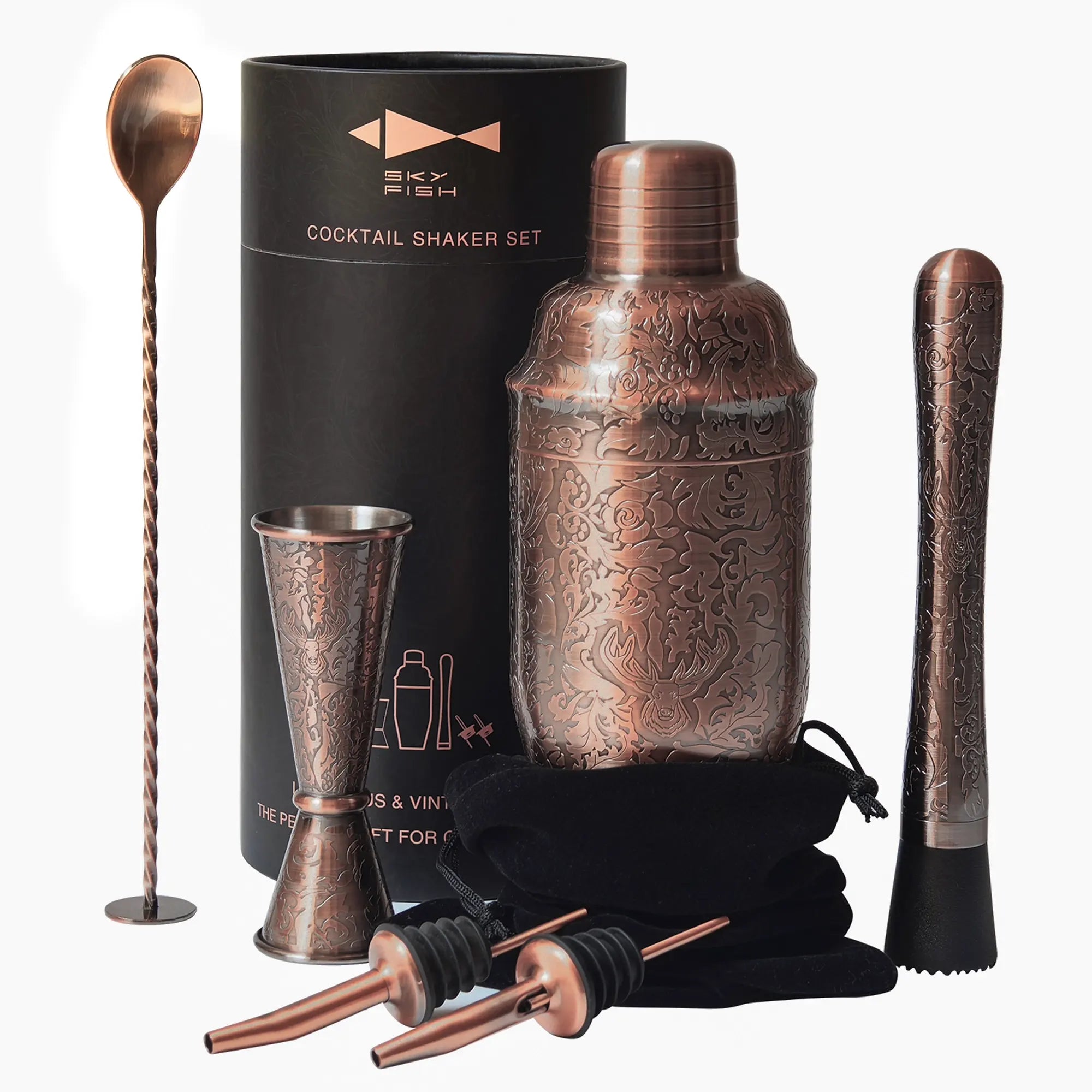 SKYCORPS professional antique copper plated bartender tool set arranged in front of a luxury black cylinder cocktail shaker set gift box.