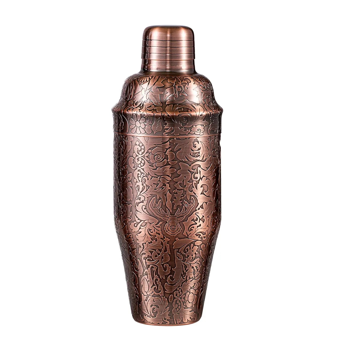 A 750ml antique copper plated 3-piece cobbler cocktail shaker with a built-in strainer, decorated with a 3D raised reverse-etched stag and floral design.