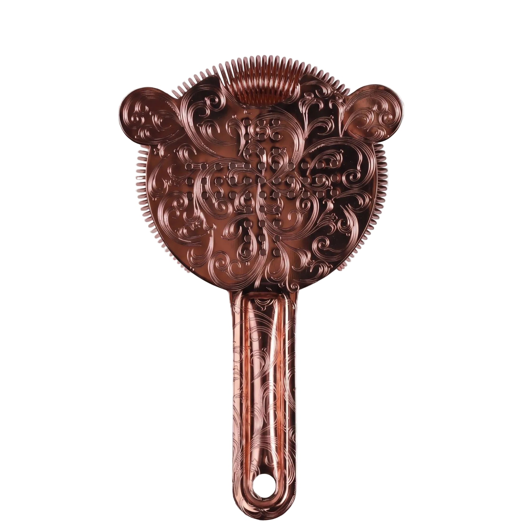 SKYCORPS antique copper plated deep chemical etched Hawthorne cocktail strainer with custom owl design on a solid white background.