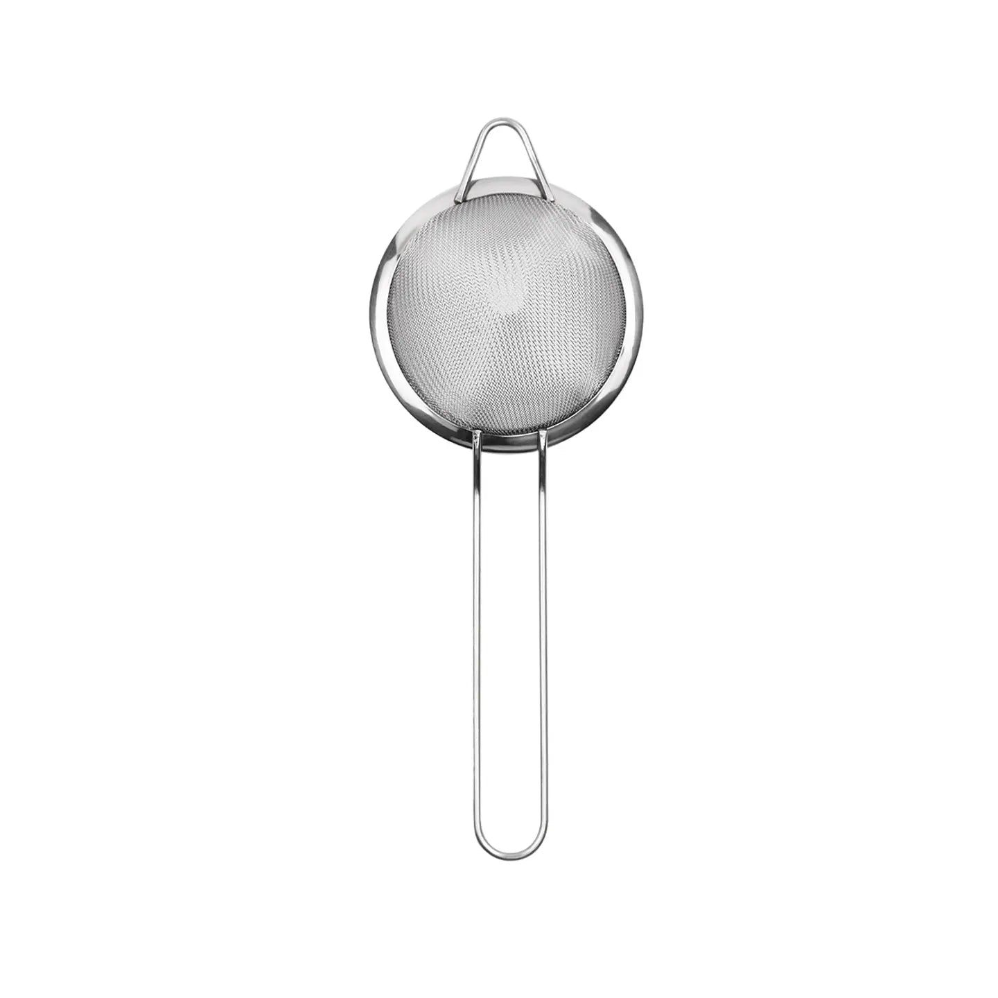 A high-polish silver stainless steel fine mesh conical strainer with a long wire handle for double-straining cocktails.