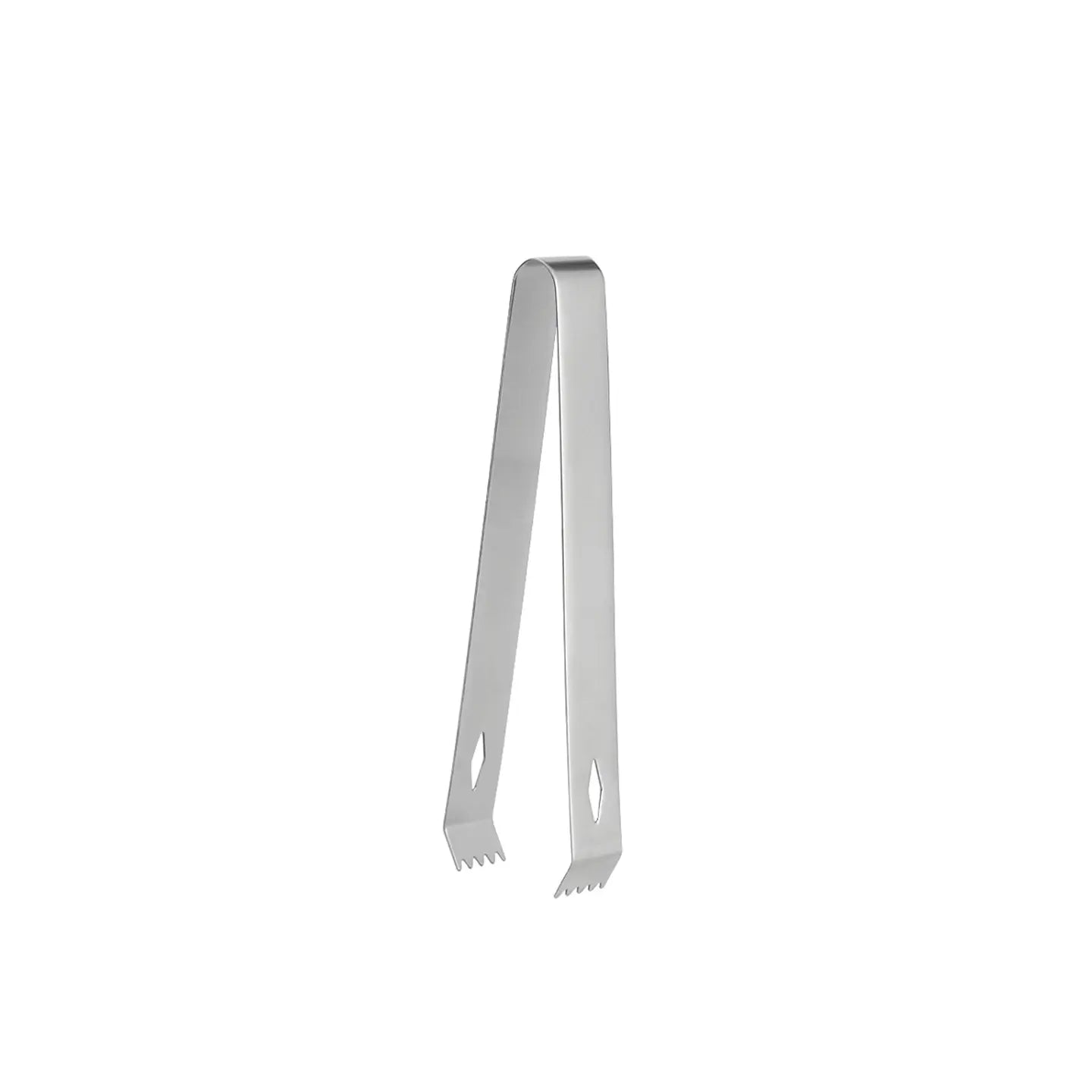 A classic high-polish silver stainless steel bar ice tongs with diamond cutouts and serrated teeth teeth isolated on a plain white background.