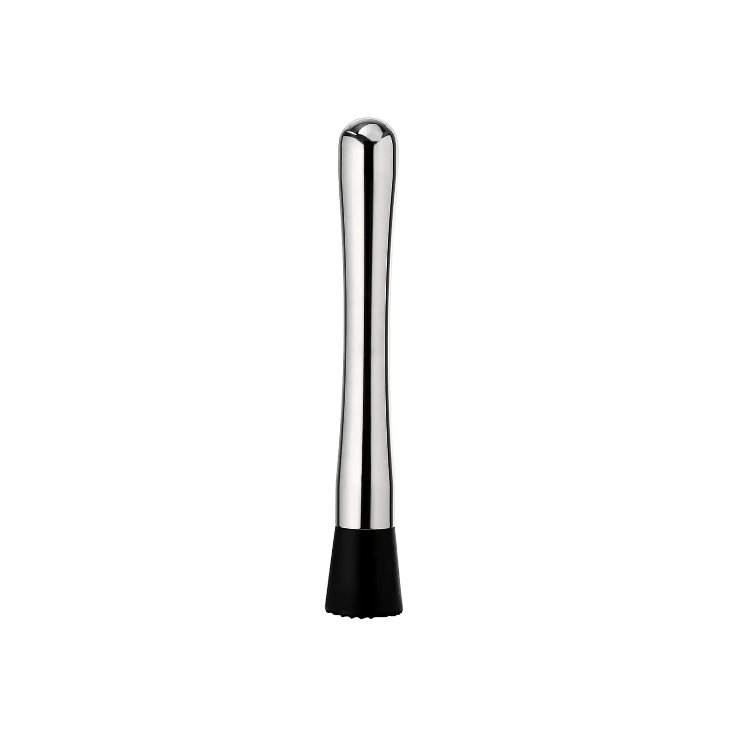 A professional polished stainless steel cocktail muddler with a sleek silver handle and a black nylon mashing head on a white background.