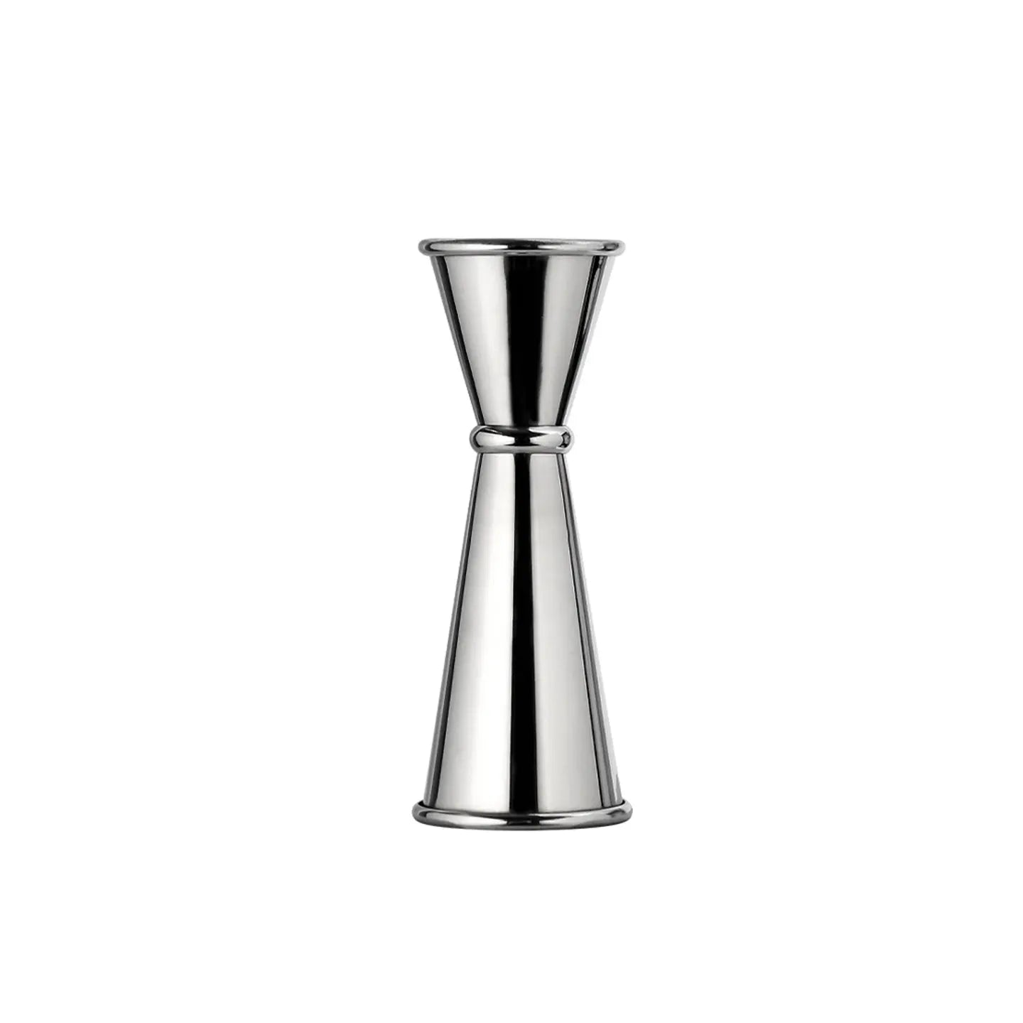A high-polish silver stainless steel double-sided cocktail jigger featuring a central ring grip on a white background.