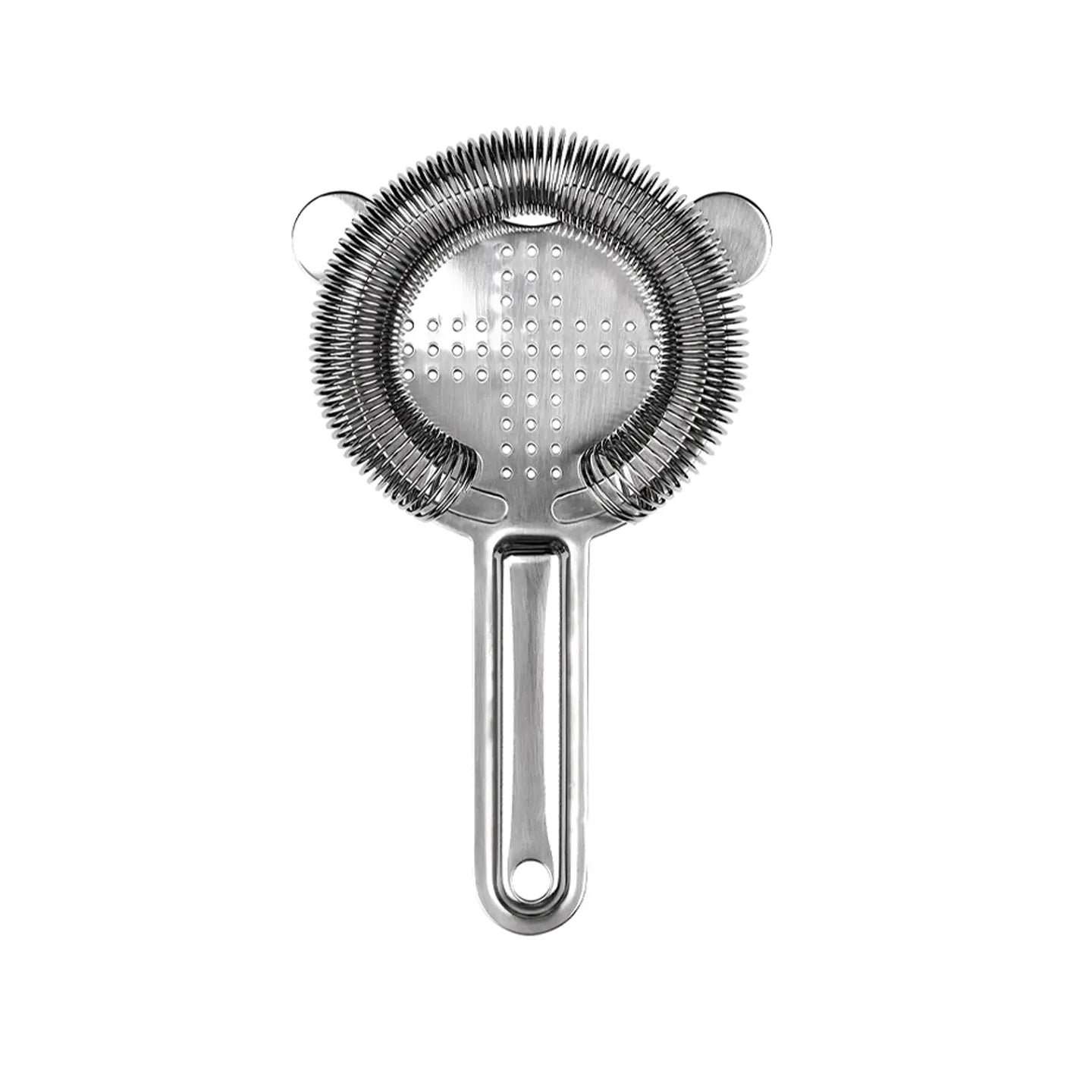 A professional silver stainless steel Hawthorne cocktail strainer featuring dual finger ears and a dense wire coil spring.