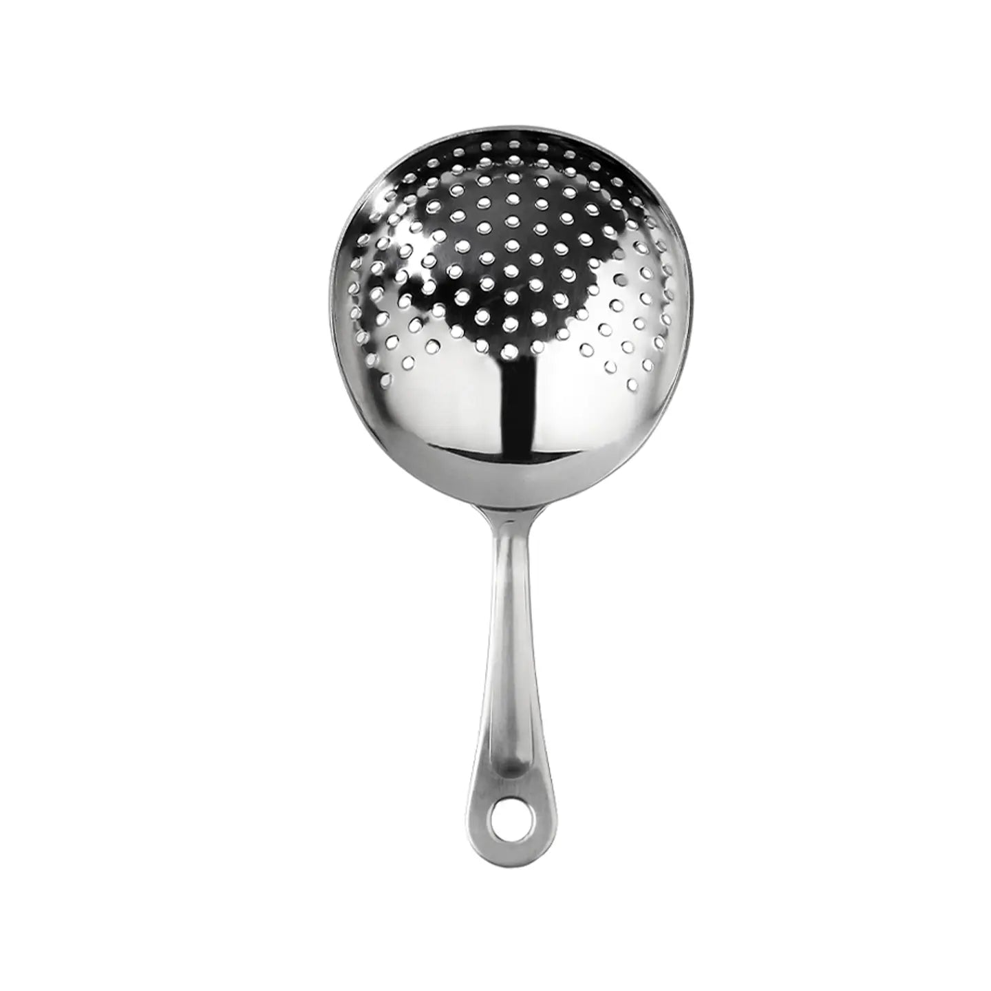 A polished stainless steel Julep strainer bar tool with a perforated teardrop bowl design on a plain white background.